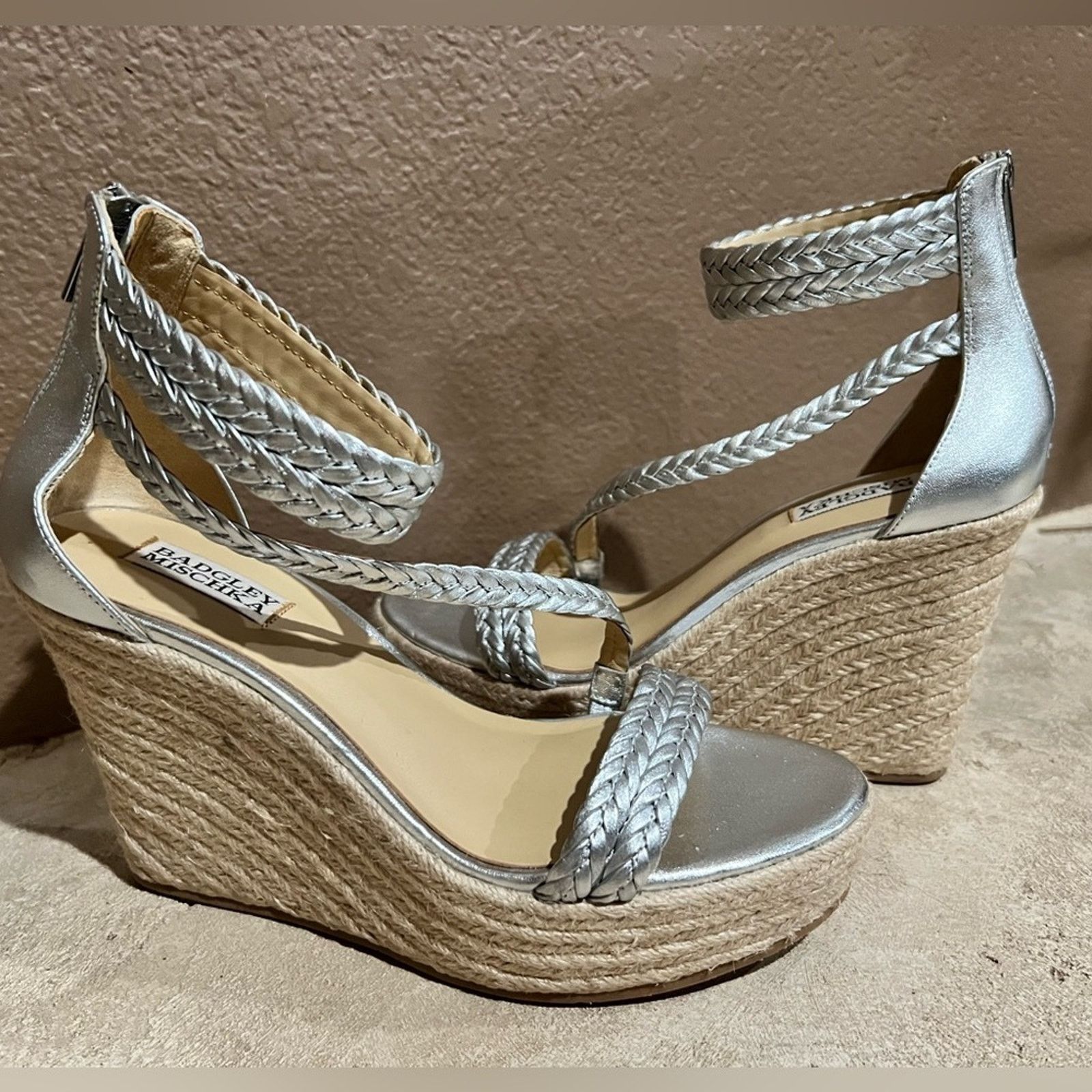 Badgley Mischka Badgley Mischka Espadrilles Size 8.5 Silver Wedge Sandals Size US 8.5 / IT 38.5 - 3 Thumbnail