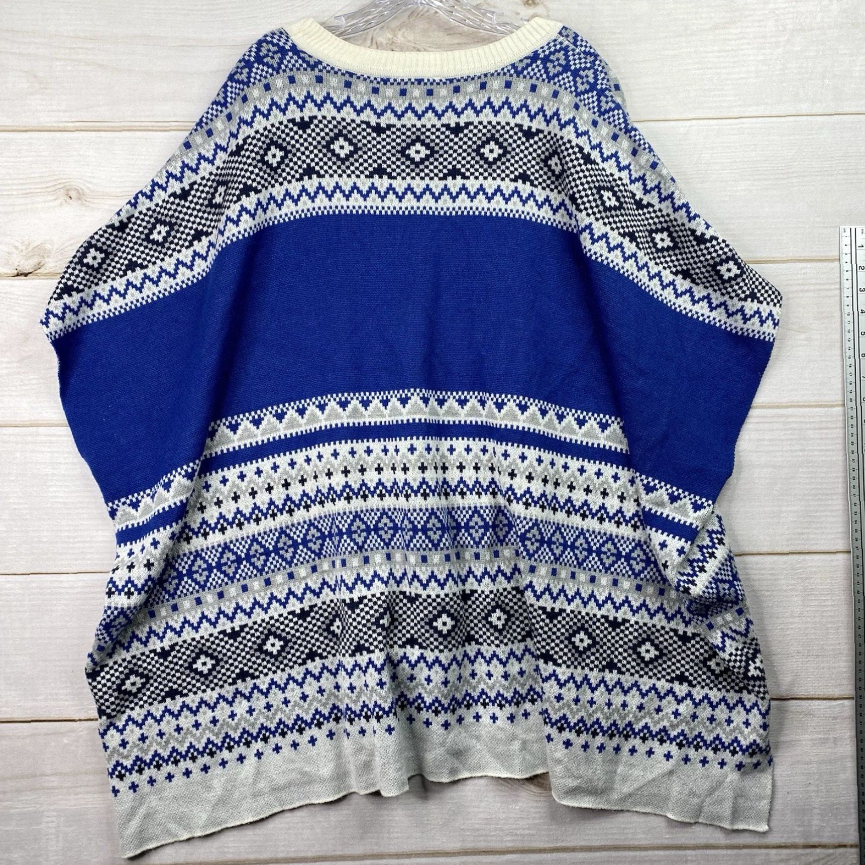Vintage Lane Bryant Poncho Sweater 18/20 Relaxed Geometric Blue Knit Pullover Women Fall Winter Polo? Size XXL / US 16-18 / IT 52-54 - 7 Thumbnail