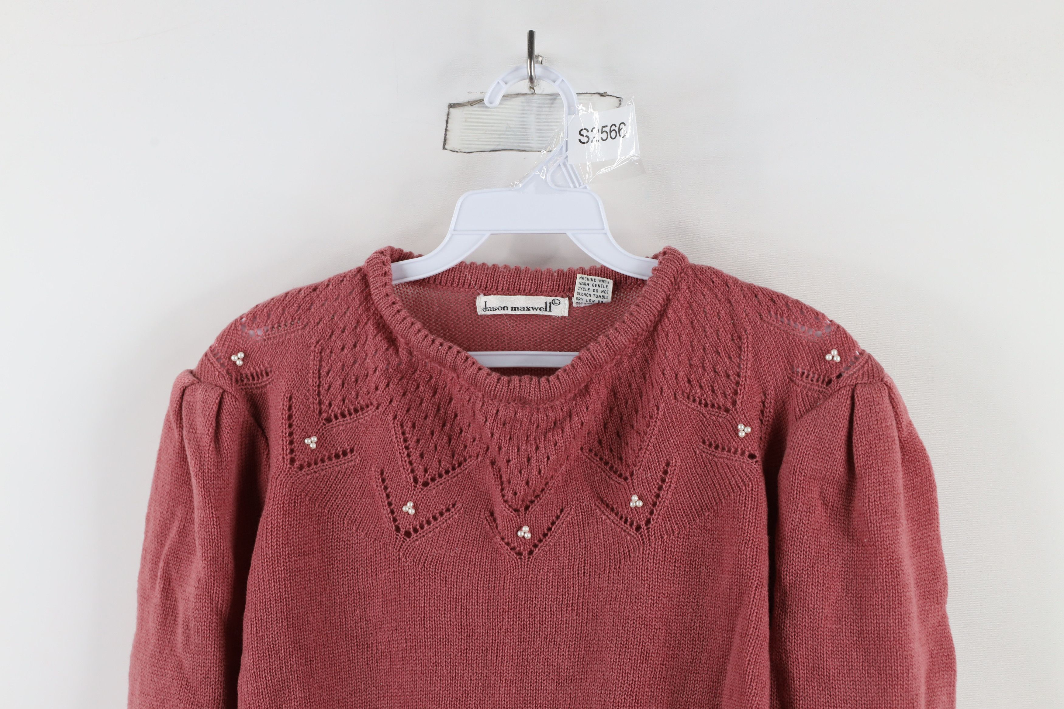Vintage Vintage 80s 90s Mid Mod Puff Sleeve Beaded Knit Sweater Pink Size L / US 10 / IT 46 - 2 Thumbnail