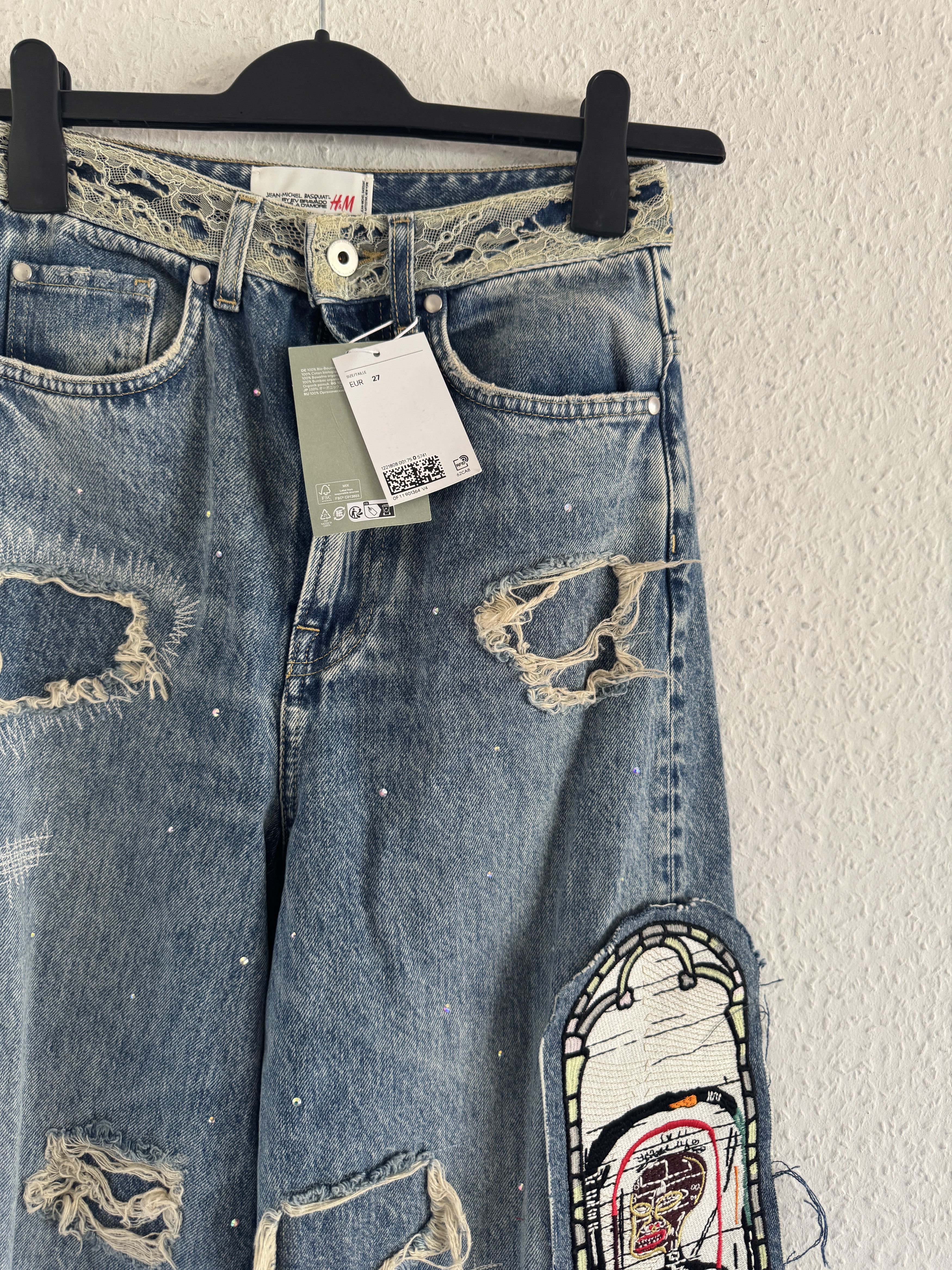 H&M × Jean-Michel Basquiat × Who Decides War Distressed rhinestone graphic jeans Size US 27 - 7 Thumbnail
