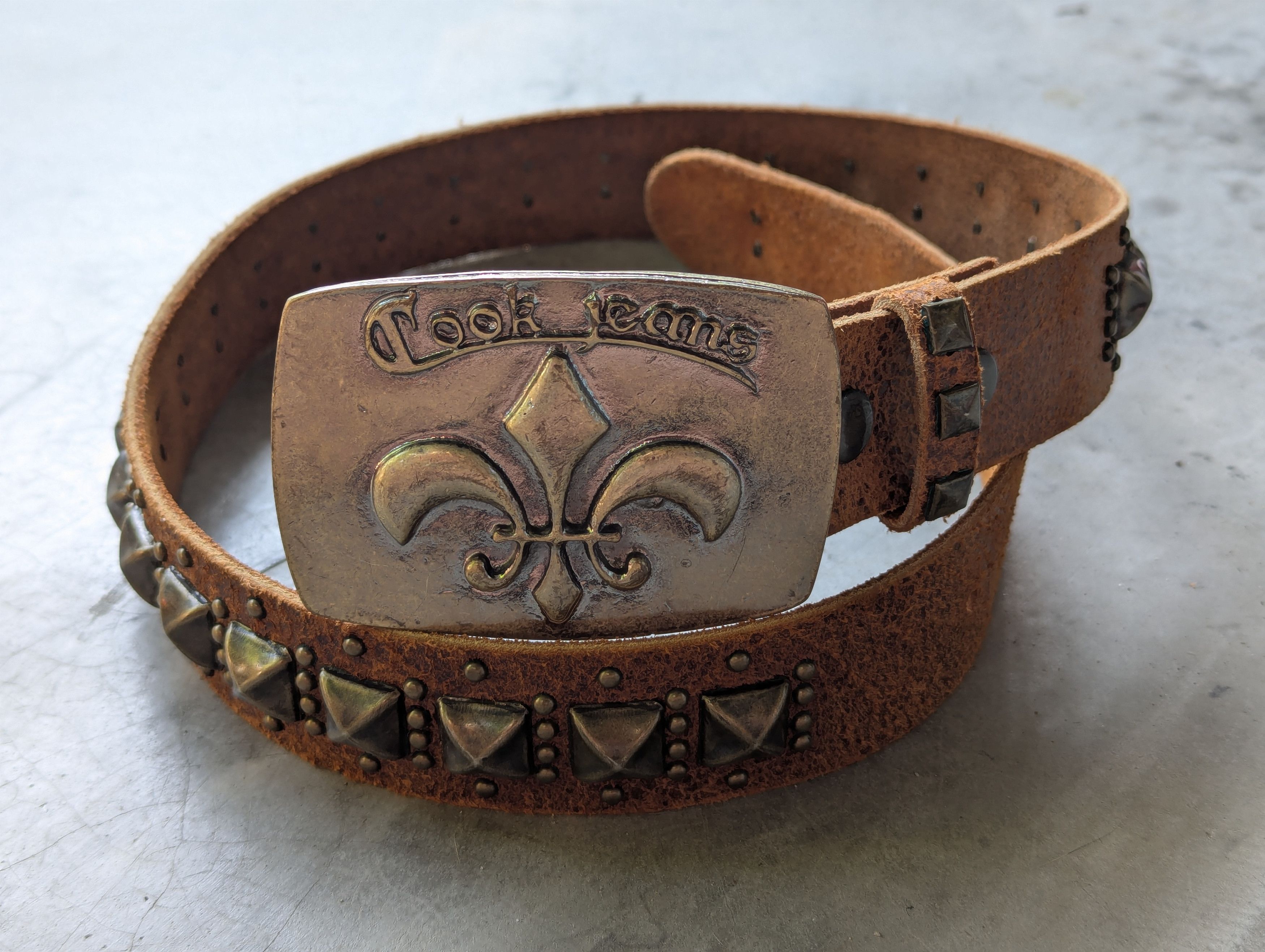 Leather Cook Jeans Studded Leather Belt Metal Buckle Fleur de lis Size 36 - 2 Thumbnail
