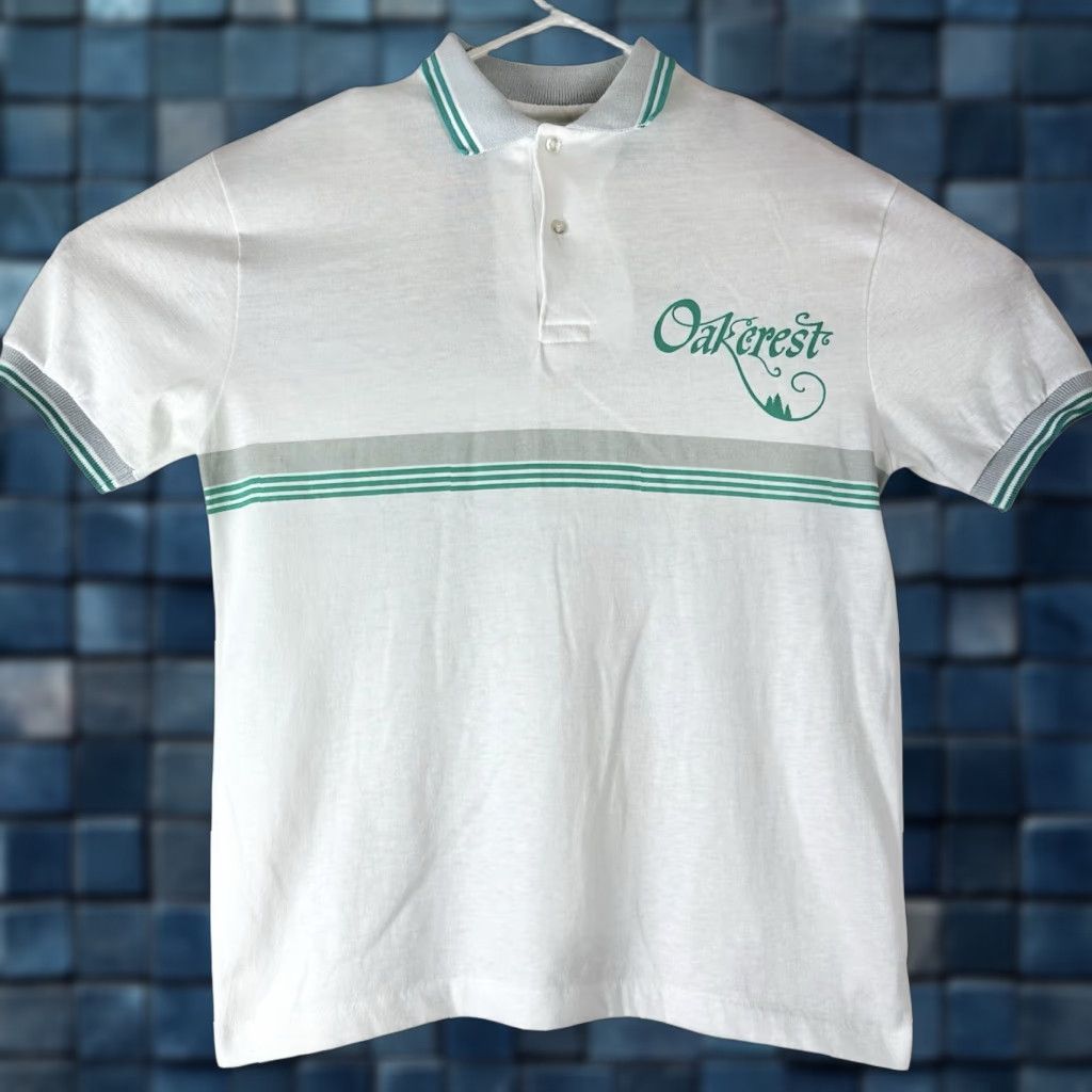 Vintage Velva Sheen Polo Shirt Mens Small White Teal Oakcrest Lightweight