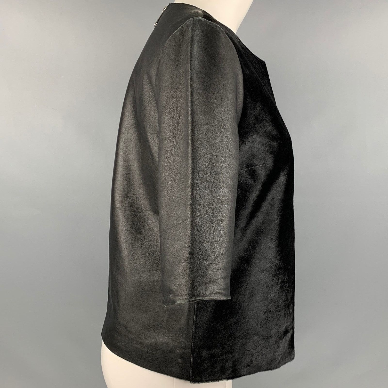 Other IRIS and INK Black Leather Calf Hair 3/4 Sleeves Casual Top Size M / US 6-8 / IT 42-44 - 3 Thumbnail