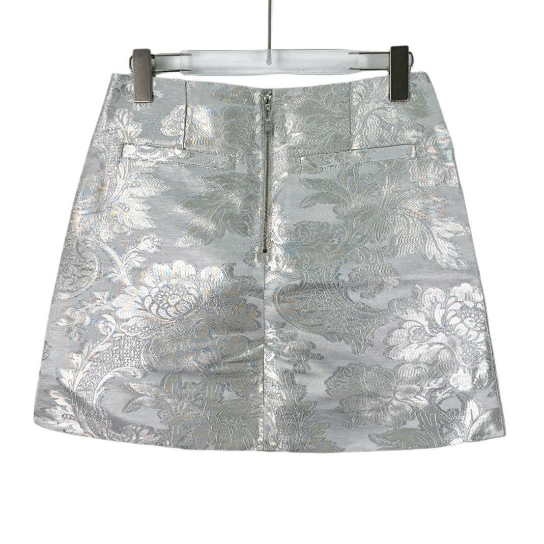 Louis Vuitton Louis Vuitton Silver Floral Embroidered Zip Skirt K26WX Size 25" / US 0 / IT 36 - 2 Thumbnail