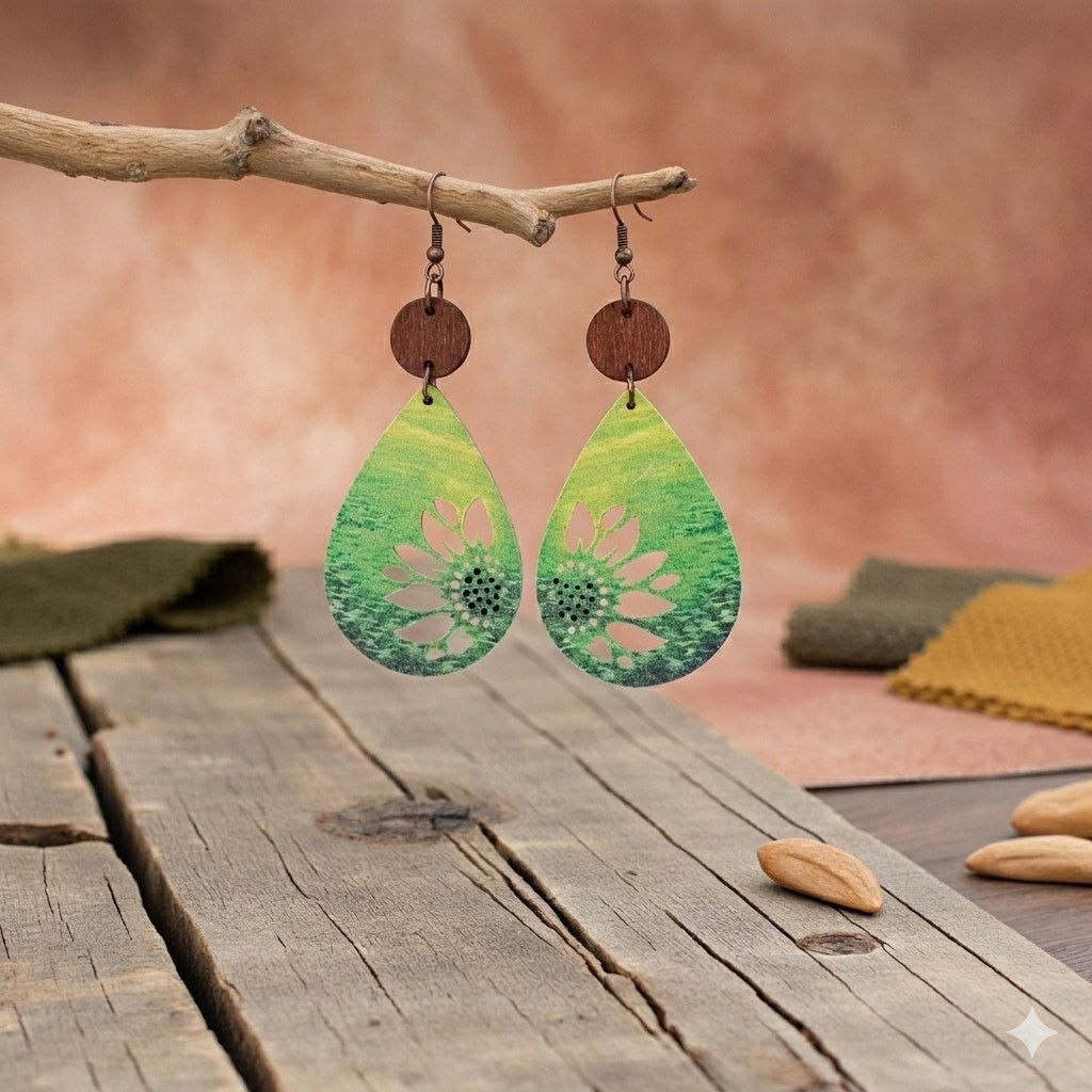 Other Green Sunflower Wooden Teardrop Earrings Boho Floral Dangle Size ONE SIZE - 1 Thumbnail