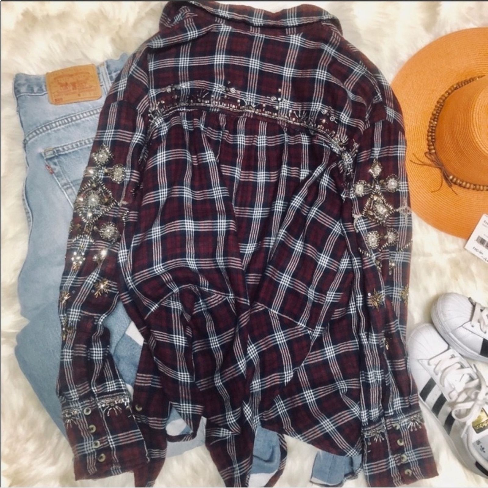 Free People FREE PEOPLE Sequin Bead Oversized Red Flannel Plaid Shirt Size XS / US 0-2 / IT 36-38 - 8 Thumbnail