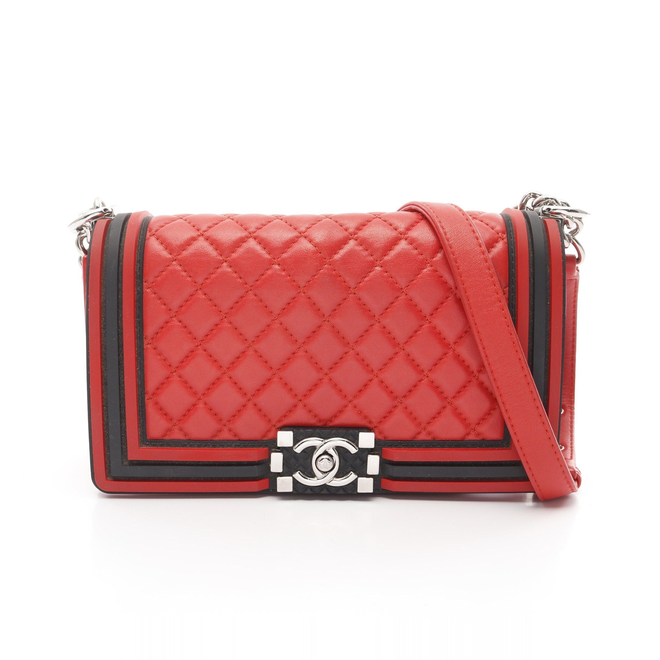 Chanel Chanel Boy Chanel Chain Shoulder Bag Lambskin Rubber Red Black Silver Hardware Size ONE SIZE - 1 Thumbnail