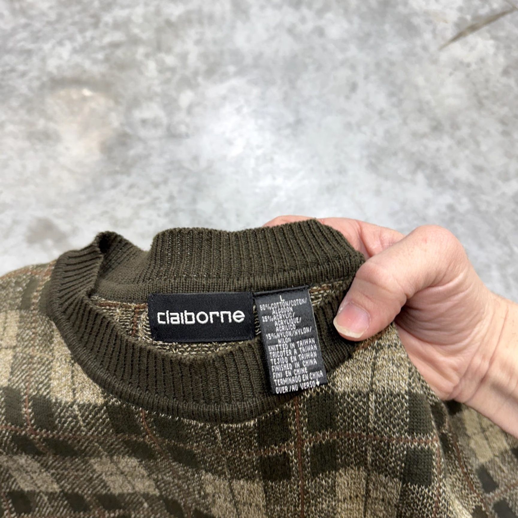 Liz Claiborne Claiborne Sweater Mens Large Green Check Knit Crewneck Pullover Pattern Knit Style Tight-Knit Cotton Acrylic Rayon Crew Neck Check Mens L Green Size US L / EU 52-54 / 3 - 2 Thumbnail