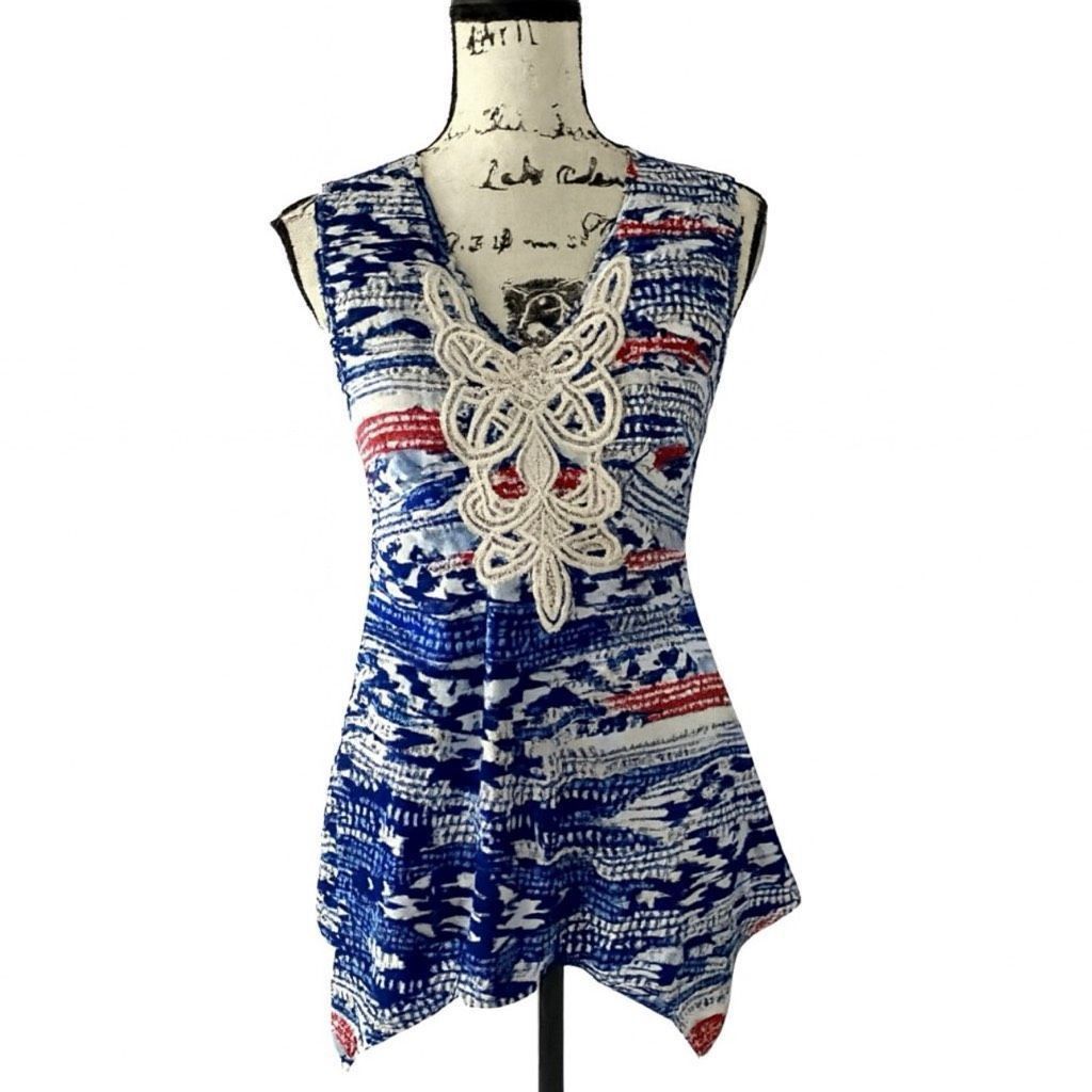 Other NY Collection Sleeveless Blouse Sz S Blue White Red Crochet Size S / US 4 / IT 40 - 1 Thumbnail