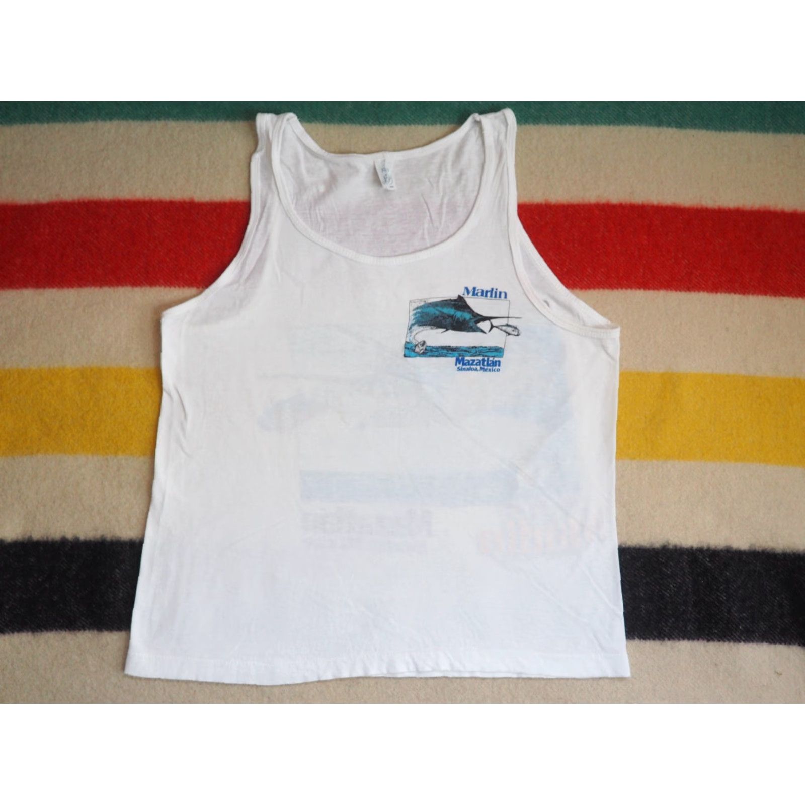 Vintage VTG 80s Fajer Mazatlan Mexico Marlin Fish Tuna Art White Tank Top T-Shirt M Mens Cotton Sleeveless Graphic Tee 1980s Size US M / EU 48-50 / 2 - 2 Thumbnail
