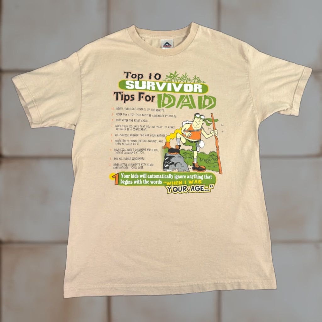 AAA VINTAGE Survivor Dad Shirt Adult LARGE Brown 90s TV Show Parody Top Ten Tips Crew Neck Short Sleeve Cotton Men Mens Size US L / EU 52-54 / 3 - 1 Thumbnail