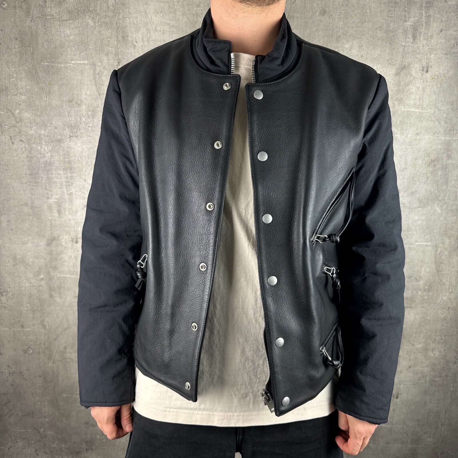 image of Maison Margiela Aw17 Leather Front Moto Double Layer Jacket in Black, Men's (Size Medium)