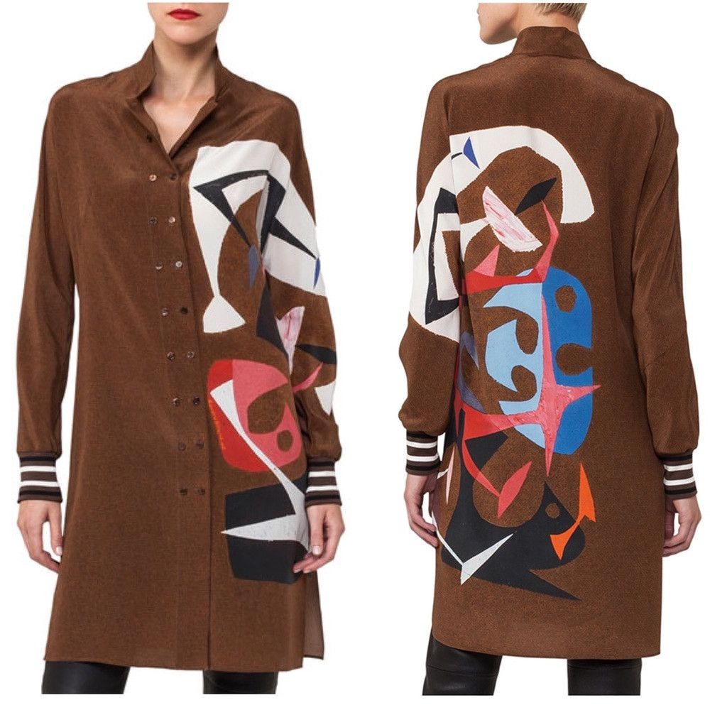 Akris Masonite Print Mulberry Silk Long Tunic Blouse / Mini