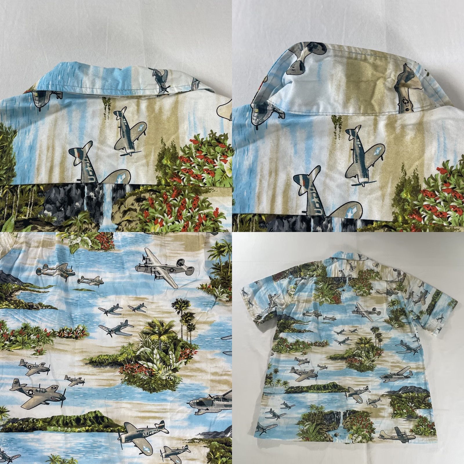 Vintage RJC Hawaiian Button Shirt World War II AOP Fighter Bomber Airplanes WW2 WWII Button-Up Short Sleeve Men's L Blue Cotton Shirt Size US L / EU 52-54 / 3 - 10 Thumbnail