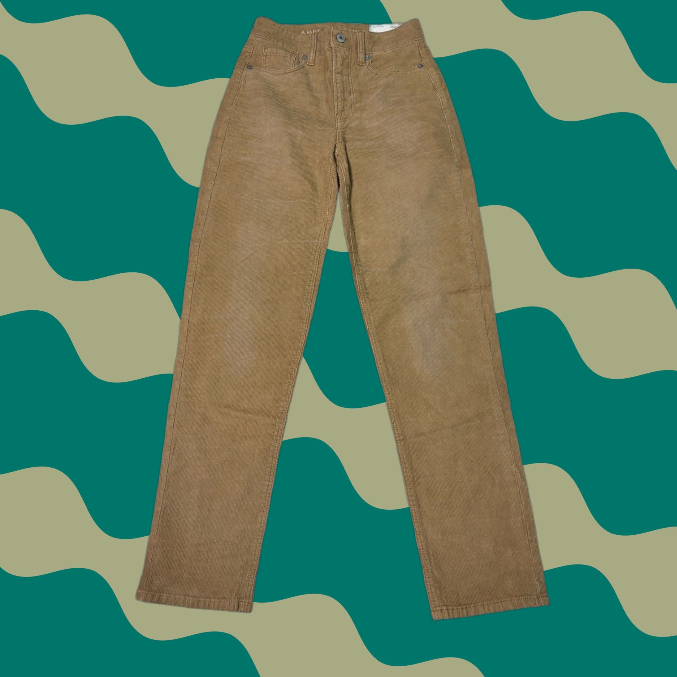 American Eagle Outfitters VINTAGE American Eagle Jeans Corduroy Mom Straight Womens 00 24x28 Tan High Rise Stretch Pockets Logo Button Solid Size 24" / US 00 / IT 34 - 1 Thumbnail