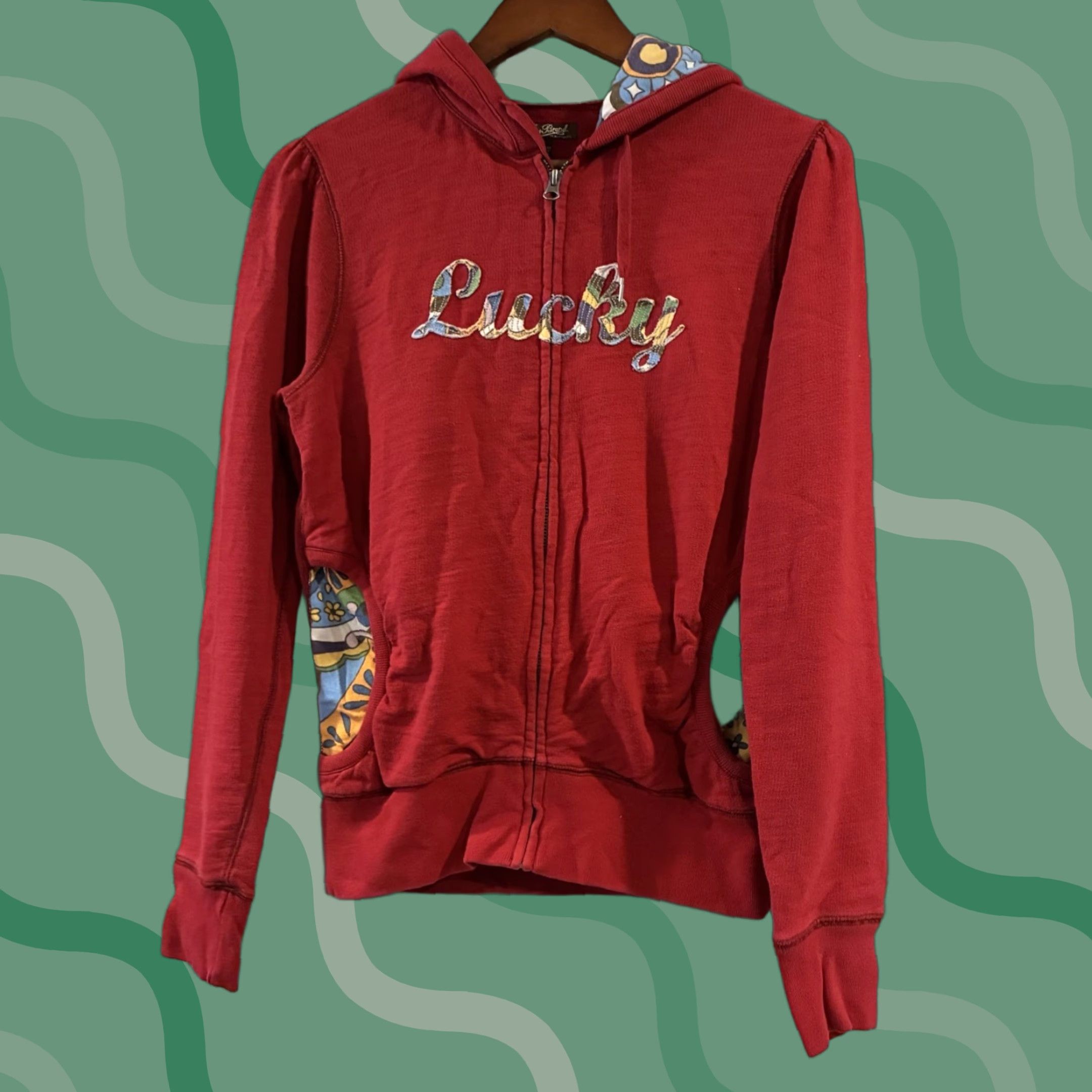 VINTAGE Lucky Brand Hoodie Full Zip Women's S Bohemian Multicolor Floral Graphic Print Zip Front Style Jacket Size Small
