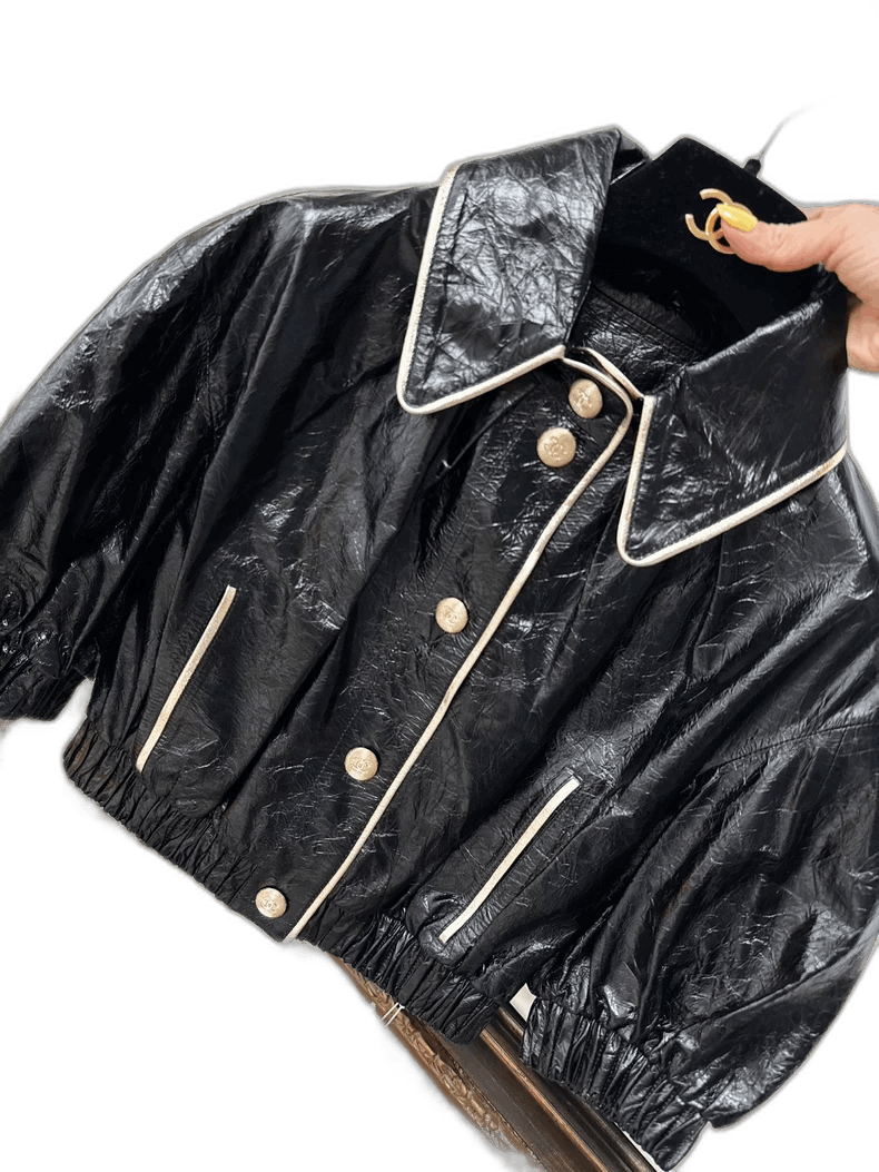 Chanel Black Short Puff Sleeve Leather Jacket