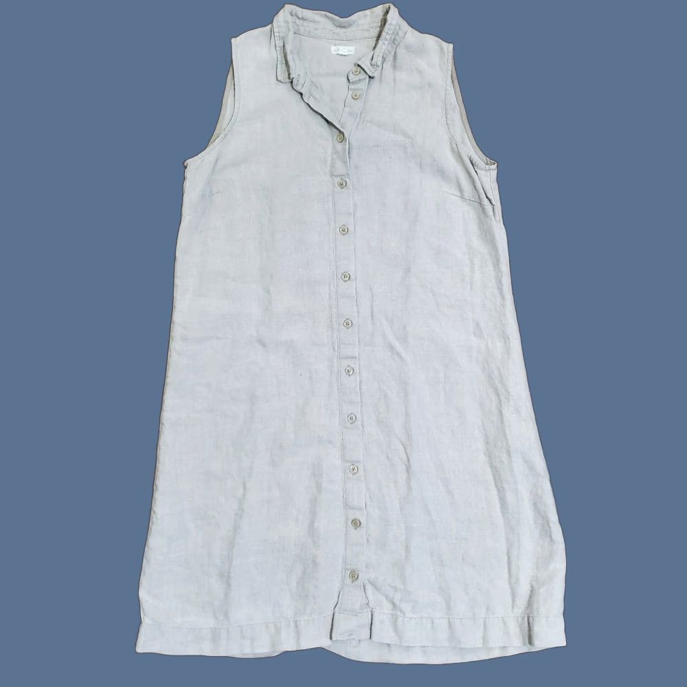 Vintage Garnet Hill Dress Linen Chambray Beige Sleeveless Collared Button Front Knee Length Sz 10 A-Line Shirt Dress Womens Size L / US 10 / IT 46 - 1 Thumbnail