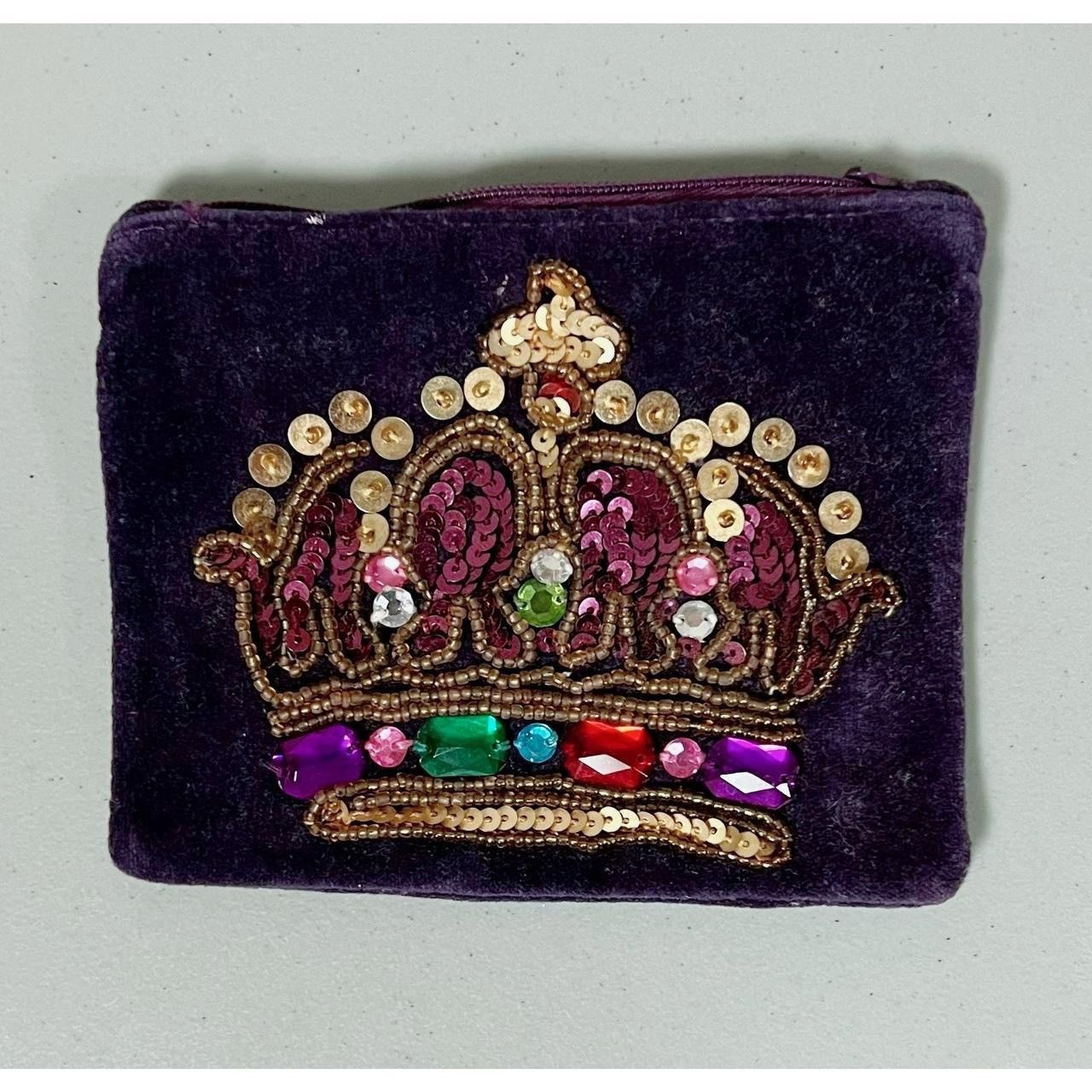 image of Vintage Purple Velvet Sequin Crown Coin Purse Pouch Bag Clutch, Women's