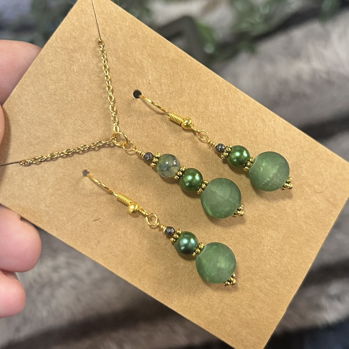 Handmade Handcrafted green crackle glass dragon vein agate set Size ONE SIZE - 1 Thumbnail