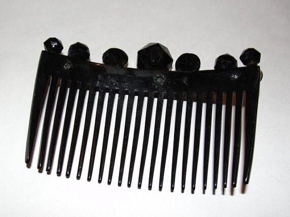 Handmade Victorian Black Celluloid Hair Comb Faceted Circular Studs Size ONE SIZE - 5 Thumbnail