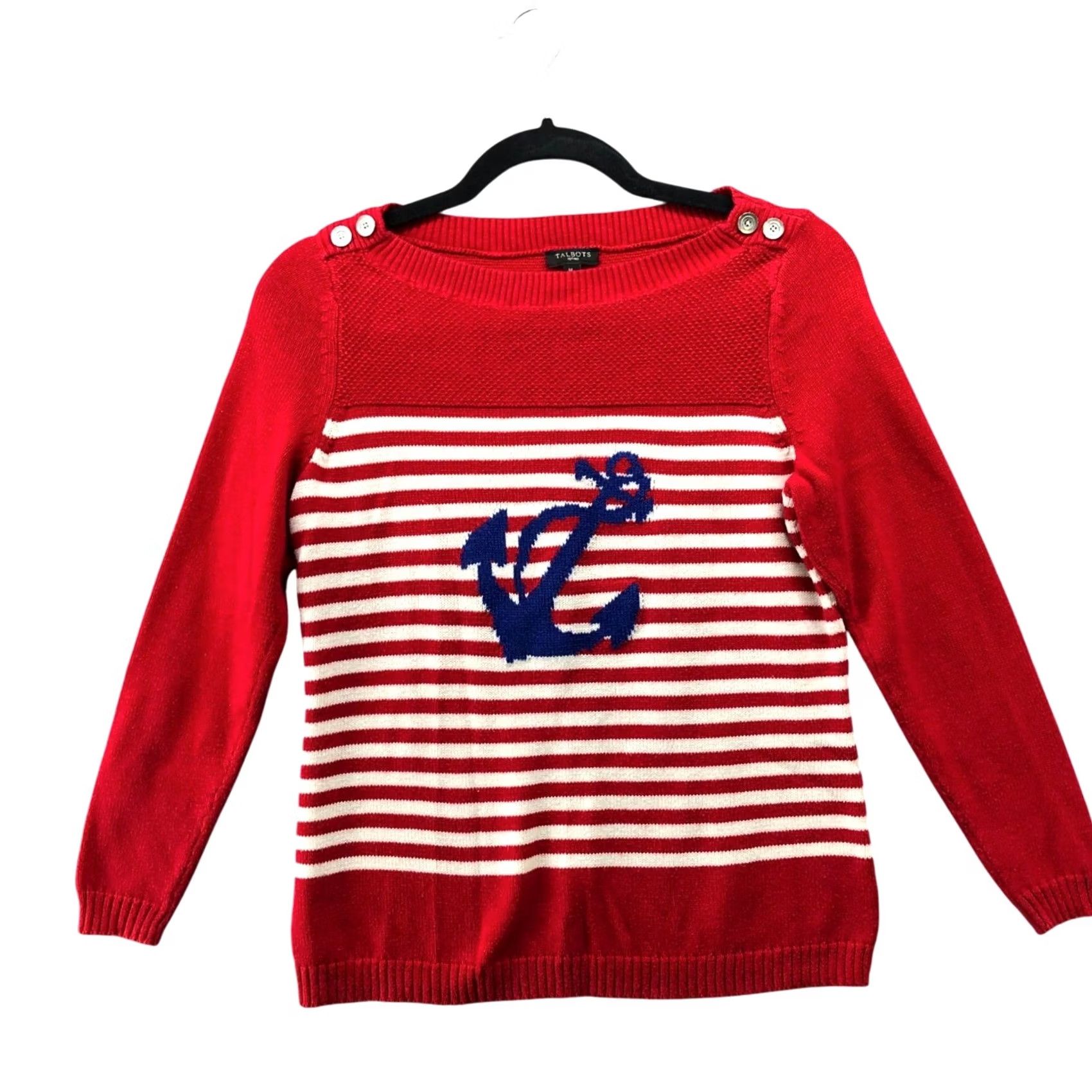 Talbots VINTAGE Talbots Boat Neck Sweater Womens MP Red Striped Nautical Sailor Anchor Pullover Knit Shirt Size M / US 6-8 / IT 42-44 - 2 Thumbnail