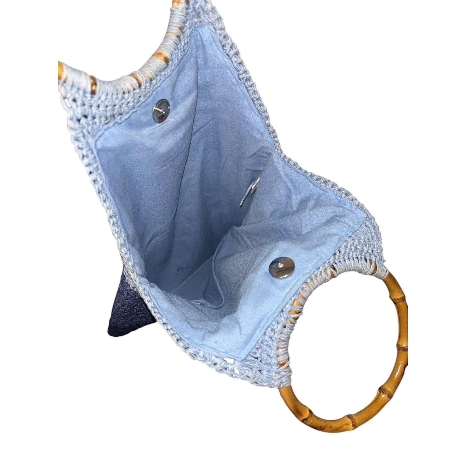 Other VINTAGE Crochet Bag Blue Ombre Bamboo Handle Boho Tote Purse Size ONE SIZE - 3 Thumbnail