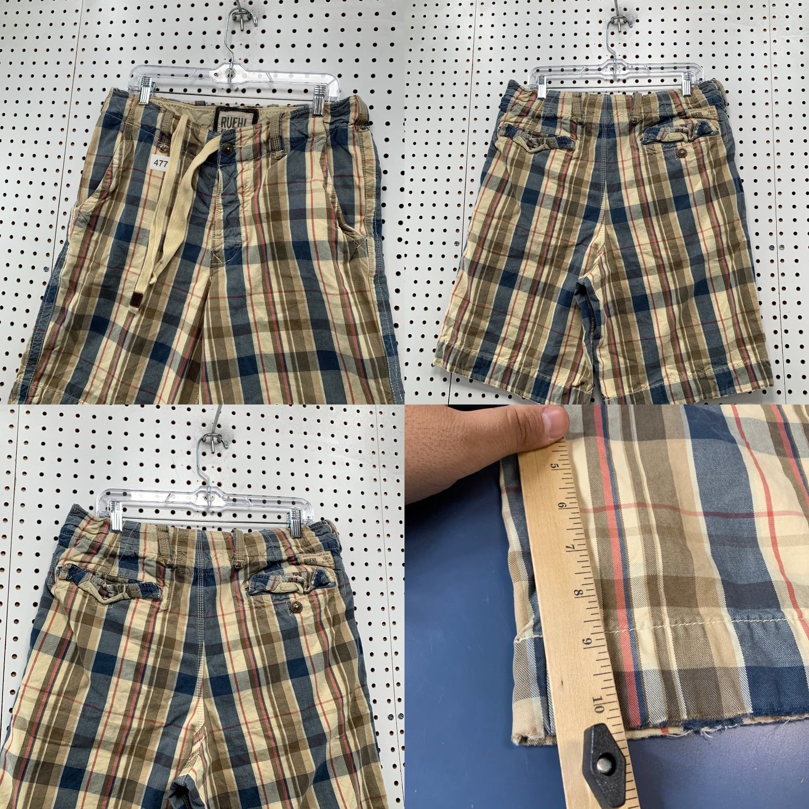 Vintage Ruehl No 925 Cargo Shorts Mens 33 Beige Plaid Drawstring 34x11 Cotton Cargo Pockets Casual mens Size US 33 - 8 Thumbnail