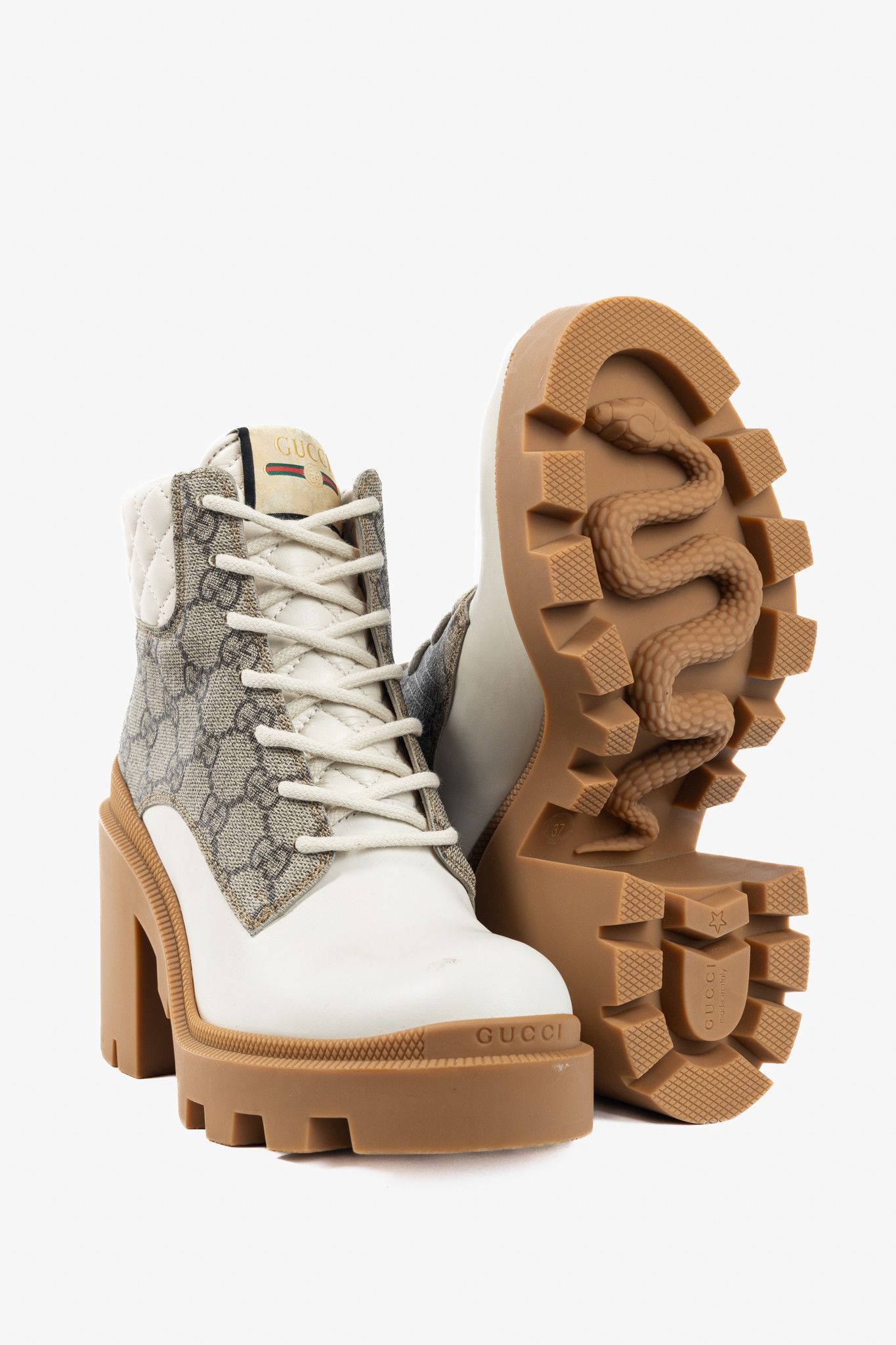 Gucci Gucci Beige & Ebony Canvas & Leather Lace-Up GG Ankle Boots Size US 6.5 / IT 36.5 - 4 Thumbnail