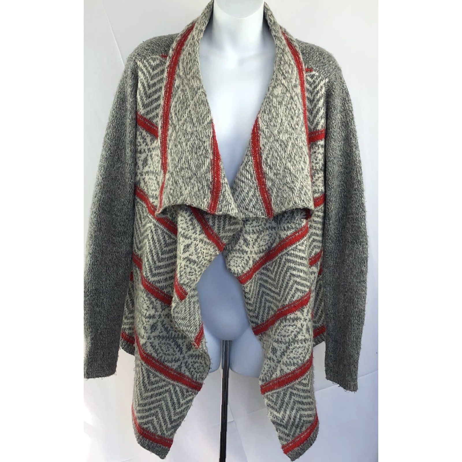 Vintage American Eagle Cardigan Sweater Women M Gray Red Open Shawl Boho Western Waterfall Knit Size M / US 6-8 / IT 42-44 - 6 Thumbnail