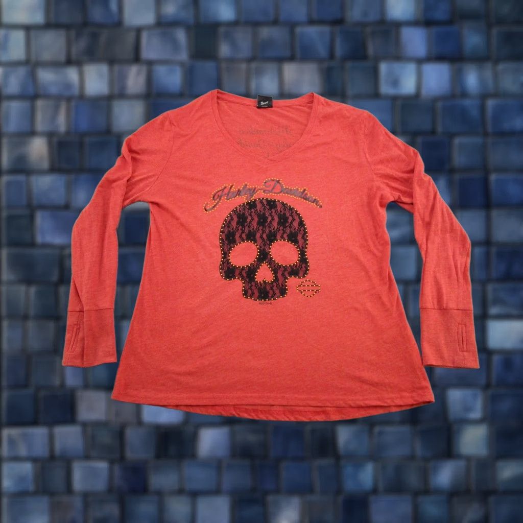 Harley Davidson Harley-Davidson Lace Skull Long Sleeve Thumbhole Shirt Womens XL Orange Biker Read Size XL / US 12-14 / IT 48-50 - 1 Thumbnail