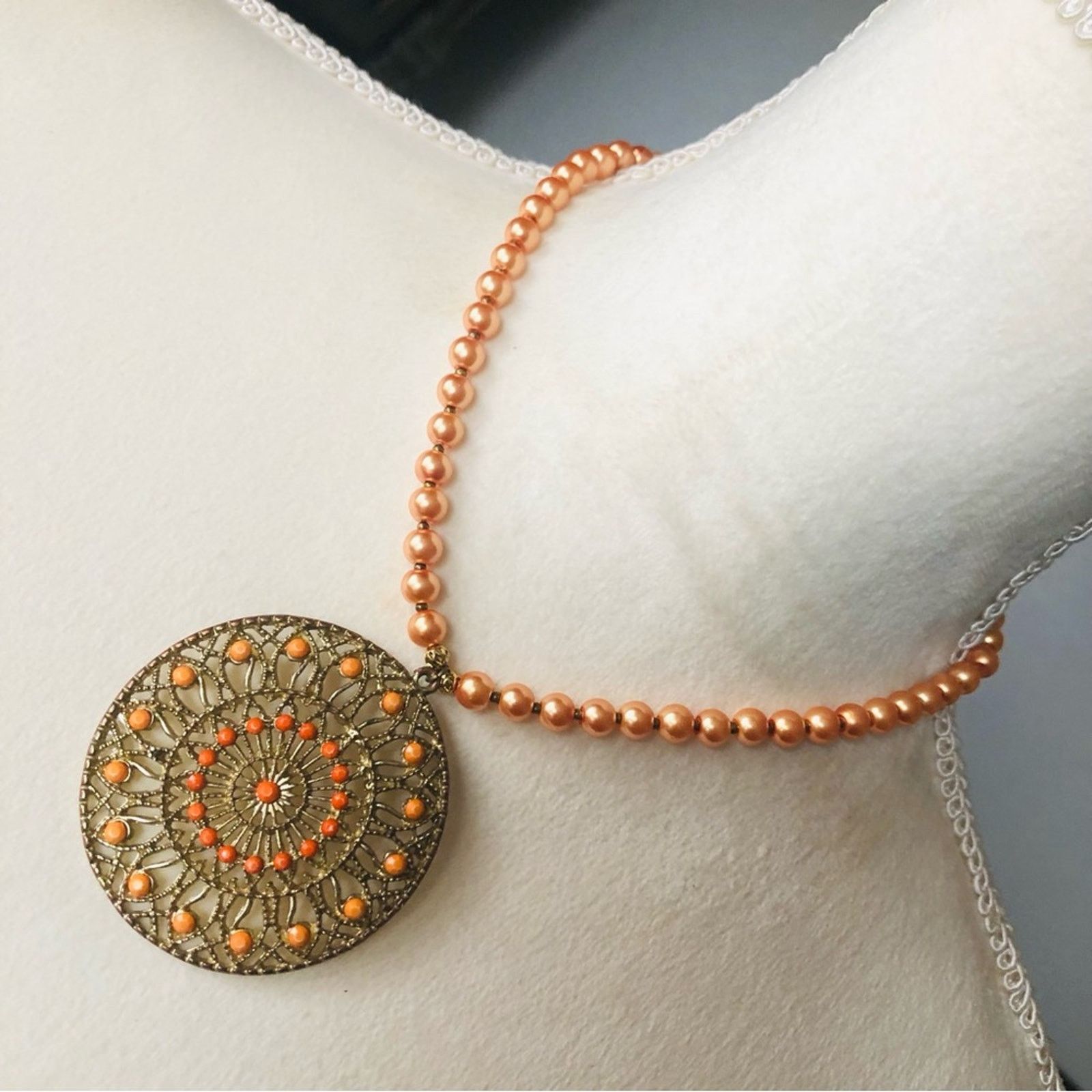 Handmade Handcrafted repurpose coral filigree stone Pearl necklace Size ONE SIZE - 1 Thumbnail