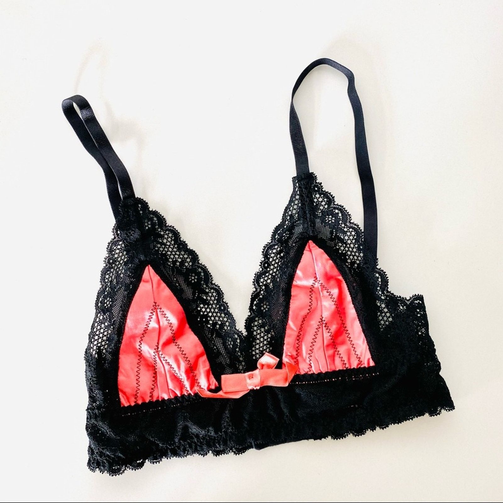 Dolls Kill NEW LOVE HAUS Black Lace Neon Pink Satin Triangle Bra Top Size ONE SIZE - 7 Thumbnail