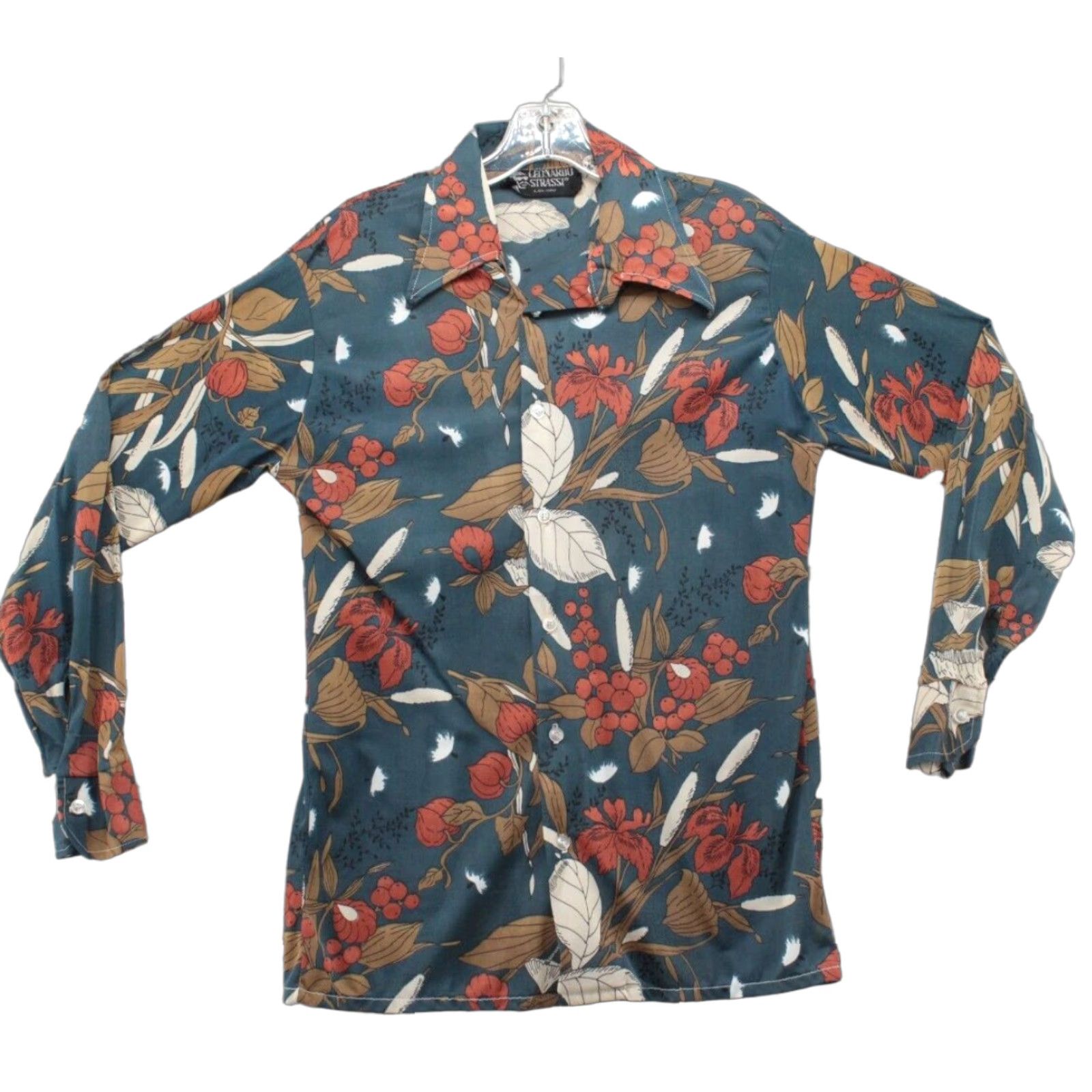 Vintage VTG Leonardo Strassi Shirt Men's 16-16.5 Blue Floral Disco Dagger Retro Art 70's Size US L / EU 52-54 / 3 - 1 Thumbnail