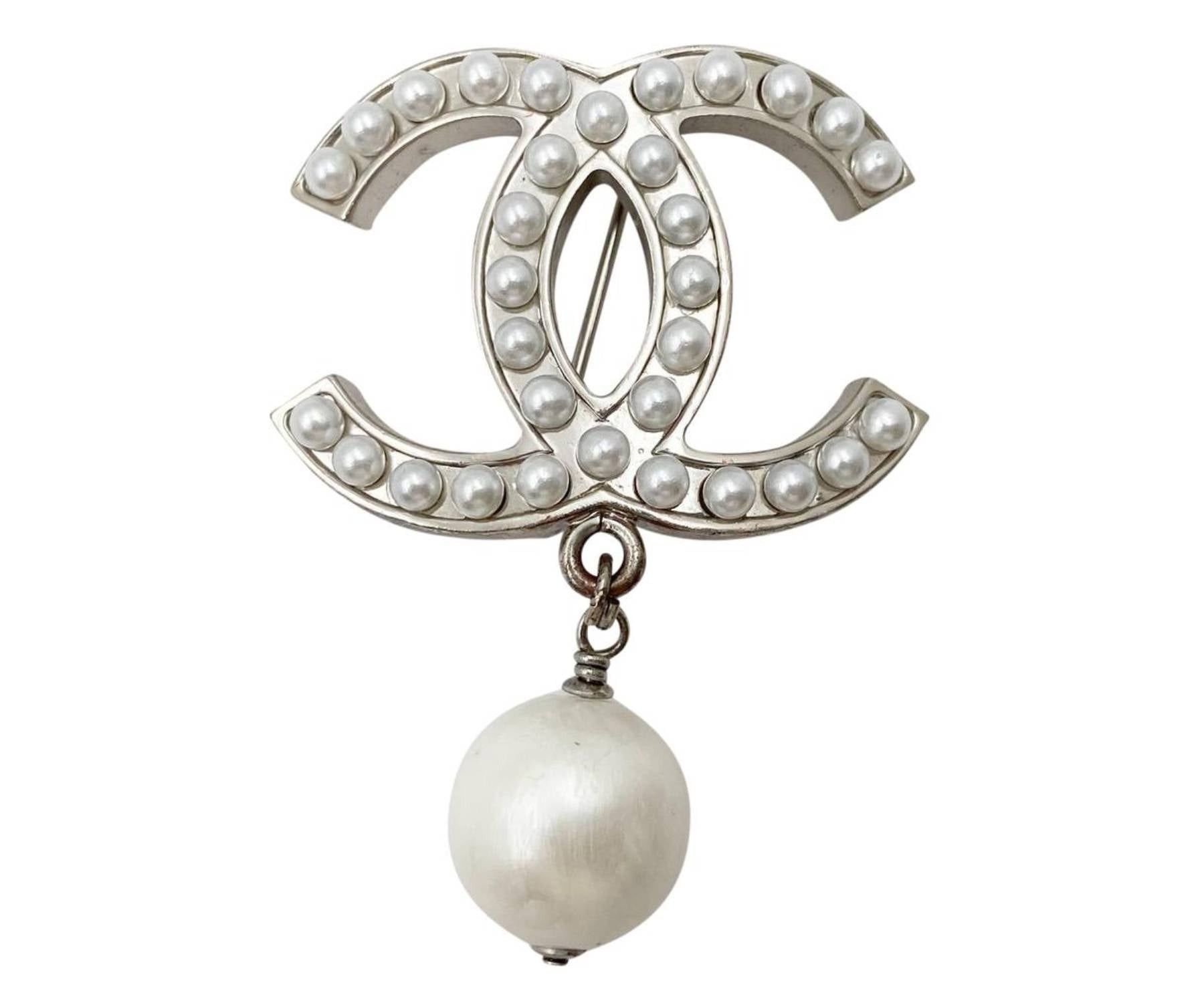 image of Chanel Classic Silver Cc Pearl Pearl Dangle Brooch, Women's