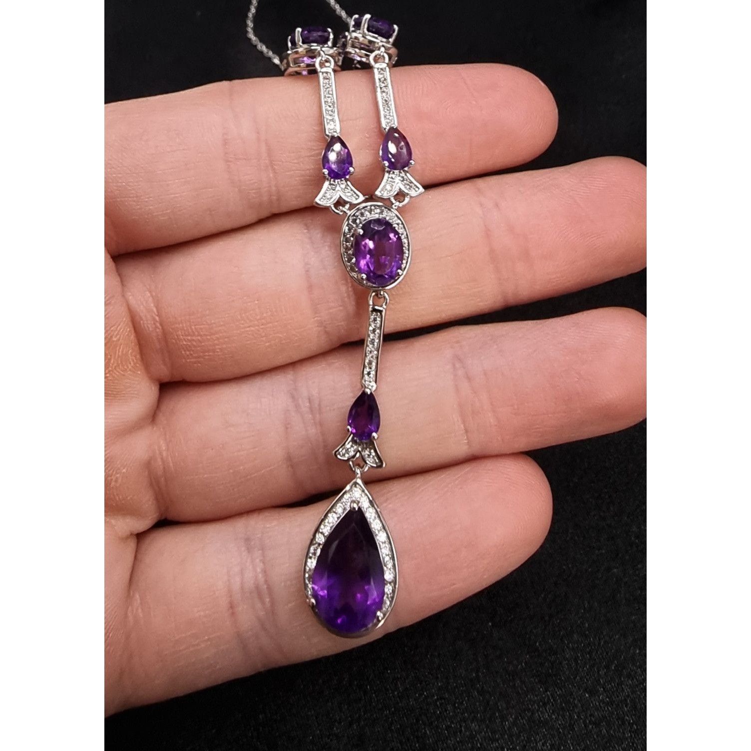 Vintage JCL 925 Sterling Silver Amethyst Necklace With Teardrop & Ov Size ONE SIZE - 4 Thumbnail