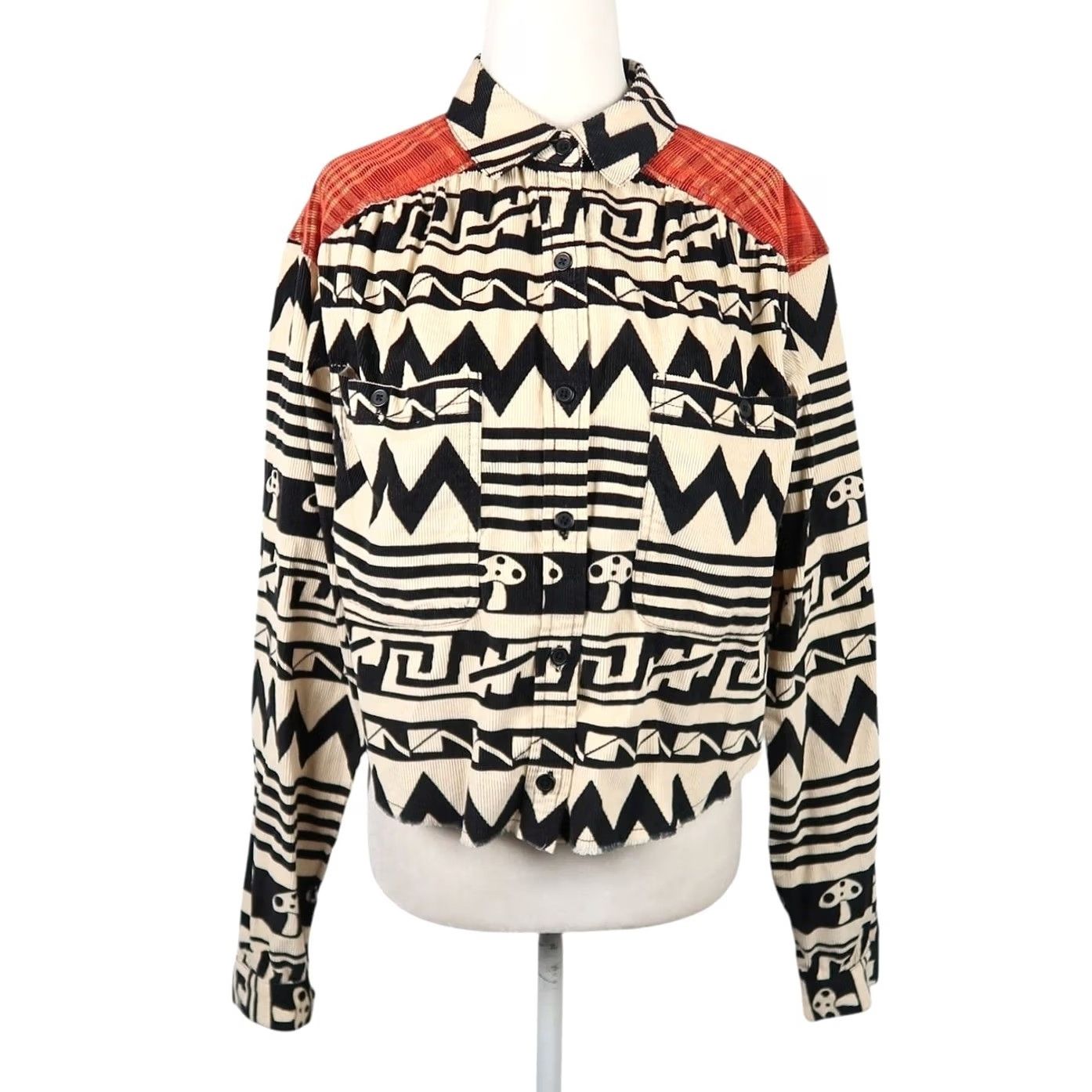 Bdg BDG Urban Outfitters Tripped Up Cream and Black Mushroom Corduroy Top S Cropped Long Sleeve Button-Up Geometric Pattern NWT Womens Small Size S / US 4 / IT 40 - 2 Thumbnail