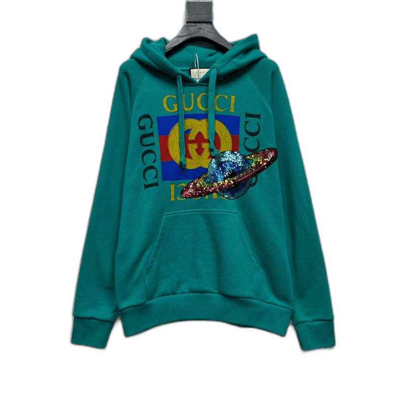 Gucci Sequin Planet Print Logo Lake Green Hoodie
