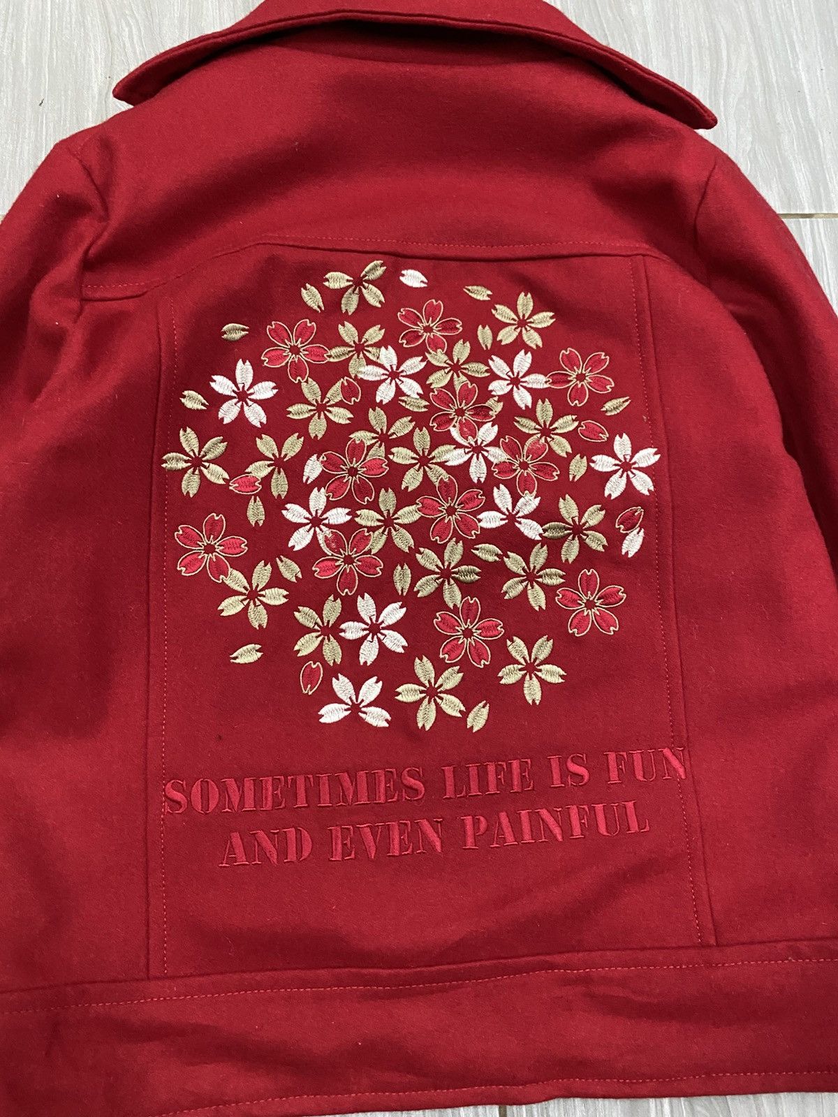 Japanese Brand Japanese Sakura Embroidery Wool Biker Jacket - Red Size US S / EU 44-46 / 1 - 4 Thumbnail