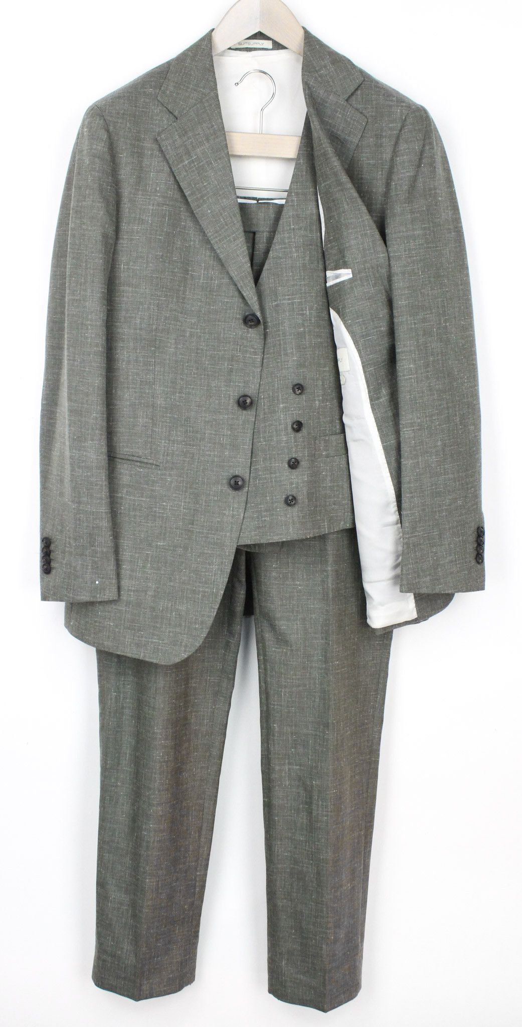 image of Suitsupply Havana Jetted Uk40R Wool Silk Linen Green 3Pc Suit 72239, Men's
