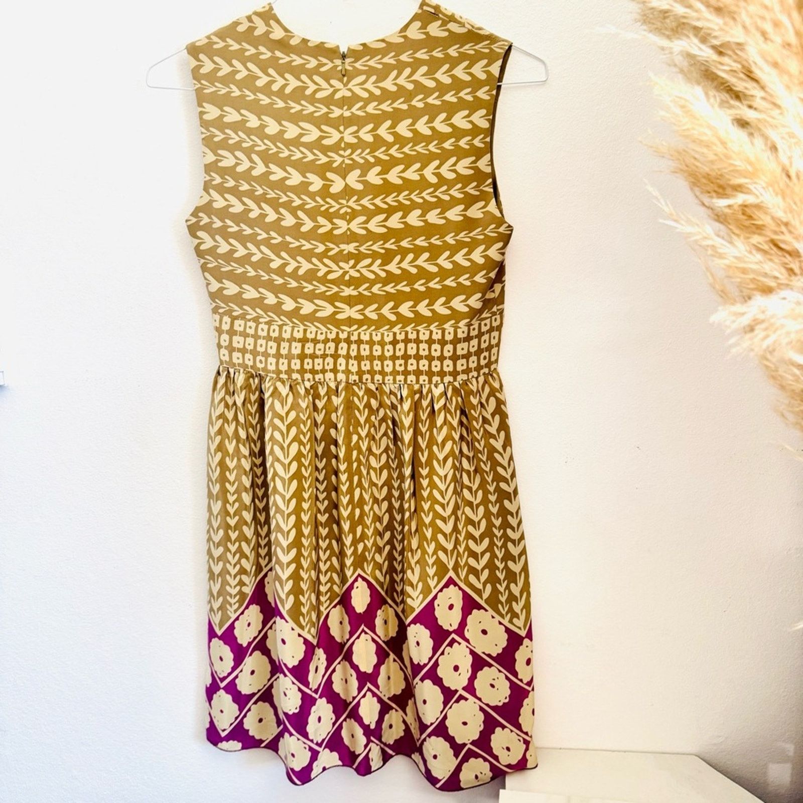 ANNA SUI ANTHROPOLOGIE Beige Tan Leaf Print Silk $298 Dress