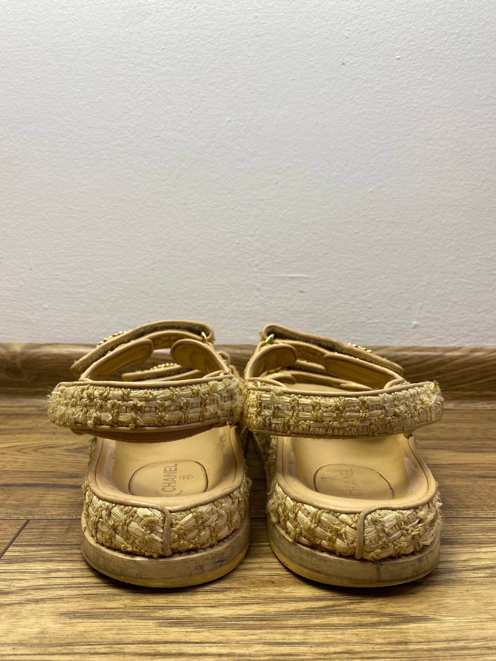 Chanel Chanel Raffia Dad Sandals with Pearl CC Logo – Beige/Gold Size US 9.5 / IT 39.5 - 3 Thumbnail