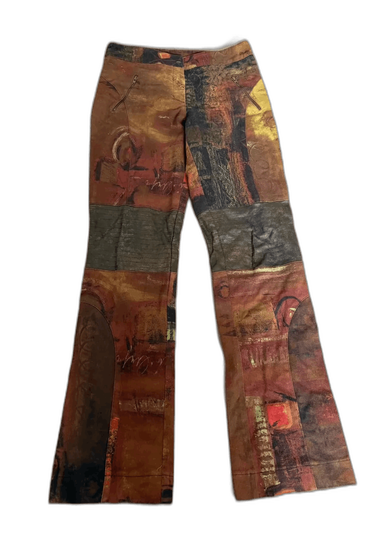 Vintage Printed Pants with Leather Inserts