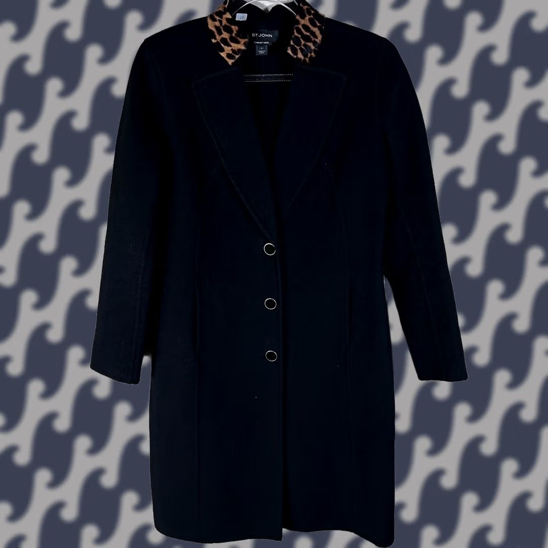 St. John St. John Coat Black Wool Blend Leopard Print Fur Collar Button Mid-Length Womens Size 4 Ensemble Size S / US 4 / IT 40 - 1 Thumbnail