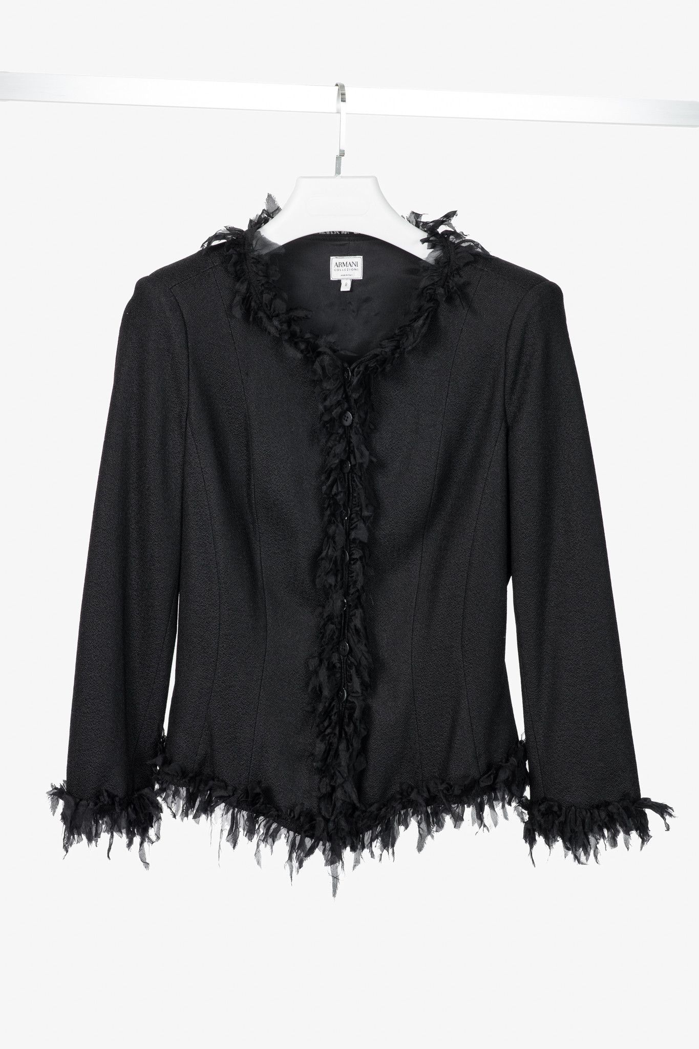 Armani Collezioni Armani Collezioni Black Crepe Silk-Fringe Jacket Size M / US 6-8 / IT 42-44 - 1 Thumbnail