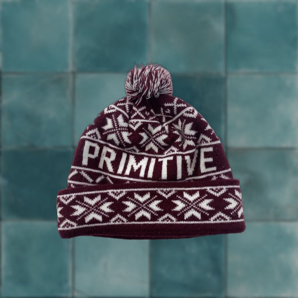 Primitive Primitive Pom Beanie Winter Pattern Red Mens One Size Beanie Christmas Winter Red Primitive 100% Acrylic Knit Vintage? No. Size ONE SIZE - 1 Thumbnail