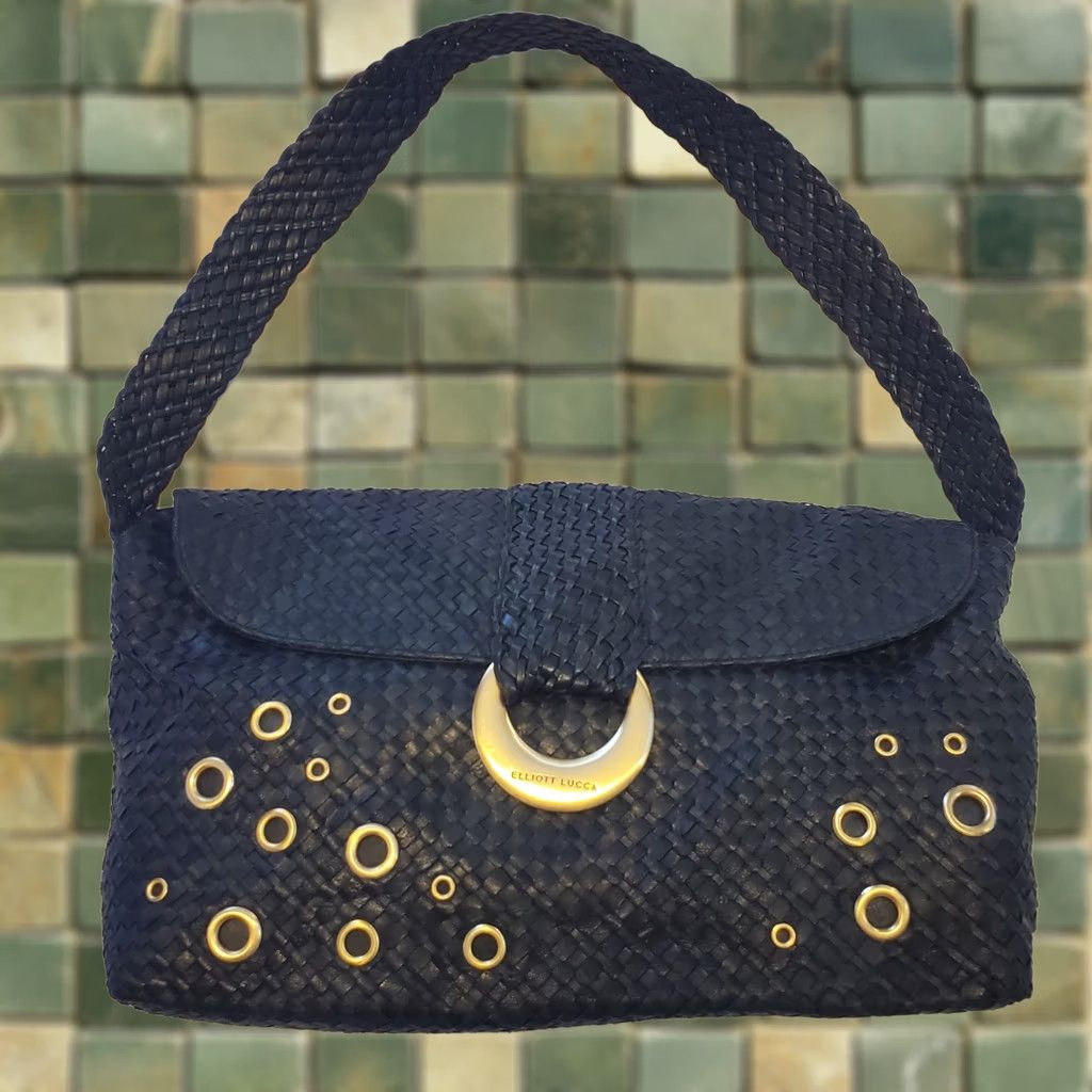 Vintage Elliott Lucca Black Leather Braided Slouch Shoulder Bag Bronze Bubble Hardware Ladies Medium Bag Size ONE SIZE - 1 Thumbnail