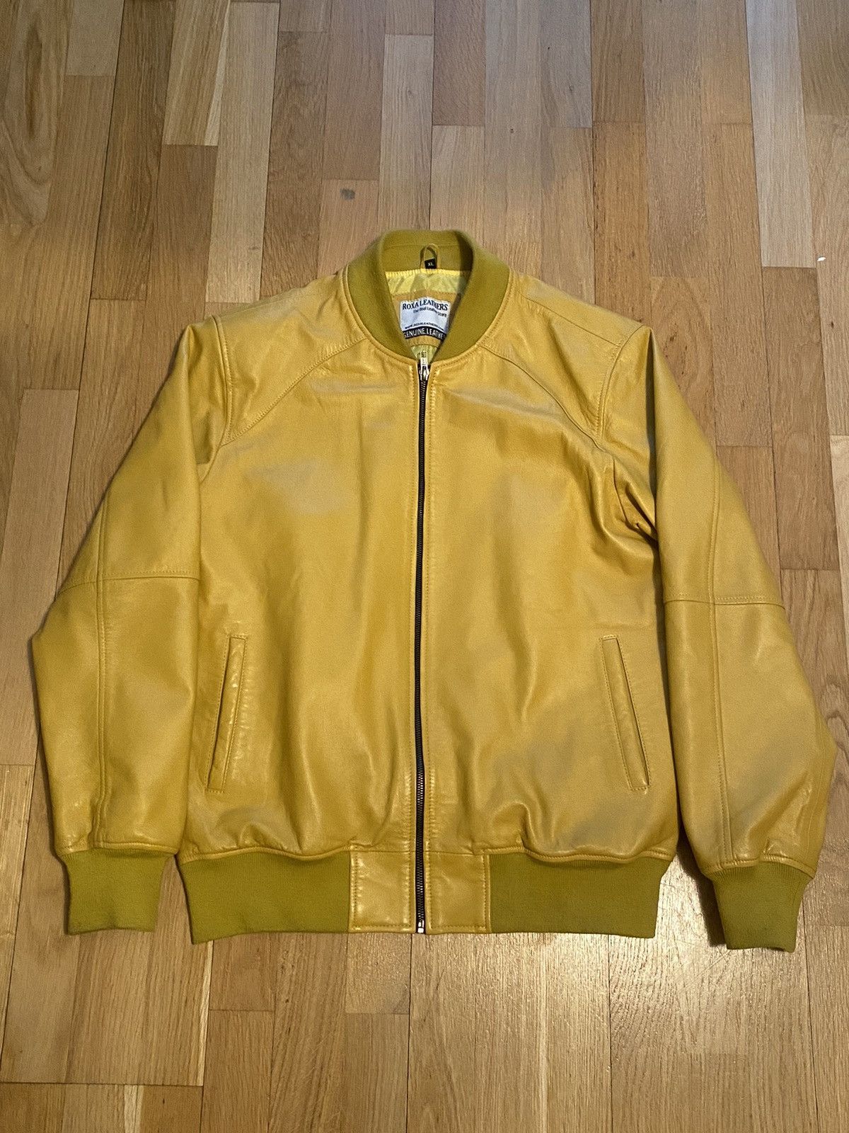 image of Vintage Genuine Yellow Leather Bomber Jacket, Men's (Size Large)