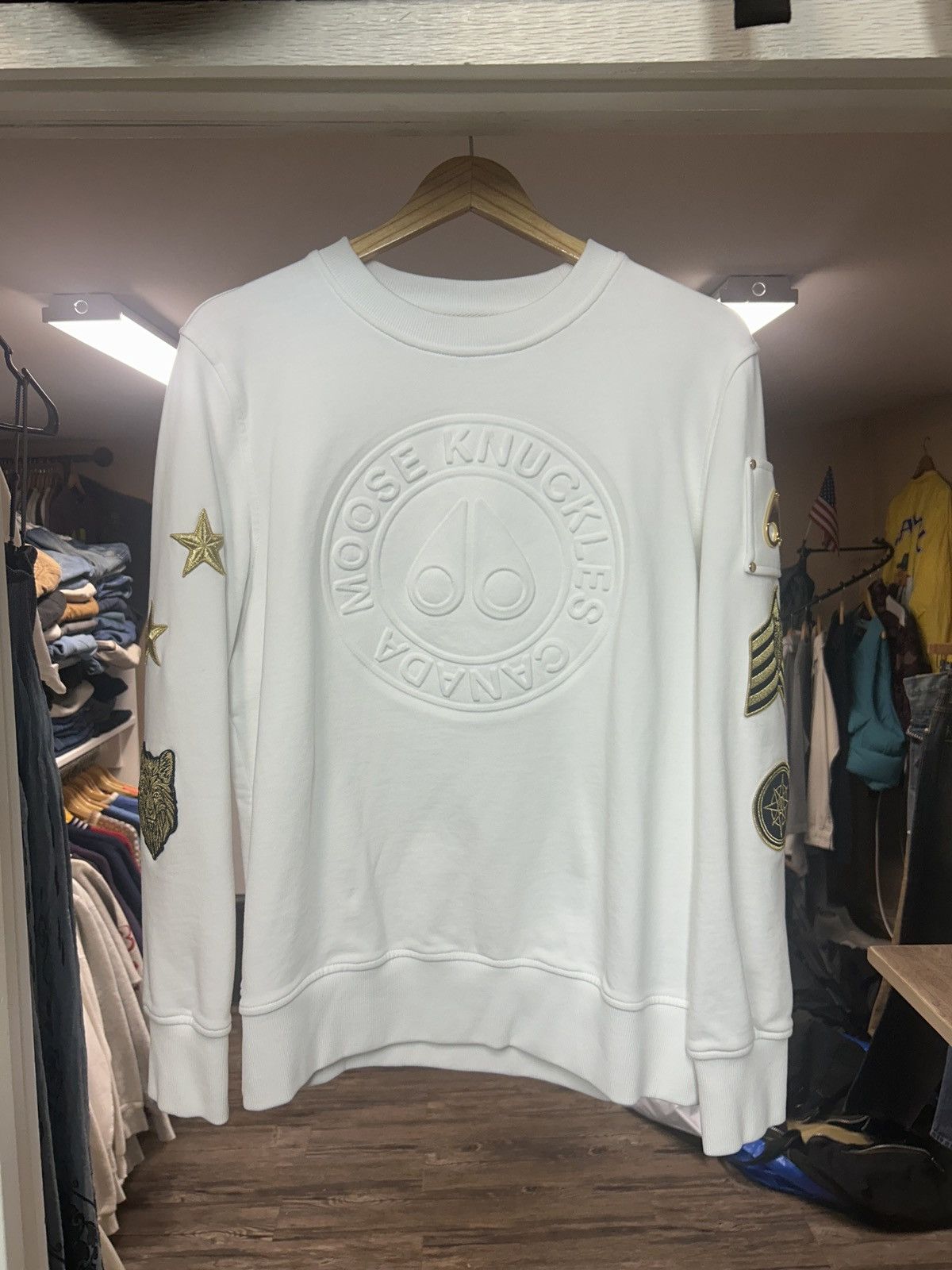 image of White Moose Knuckles Crewneck With Embroidered Patchwork, Men's (Size Medium)