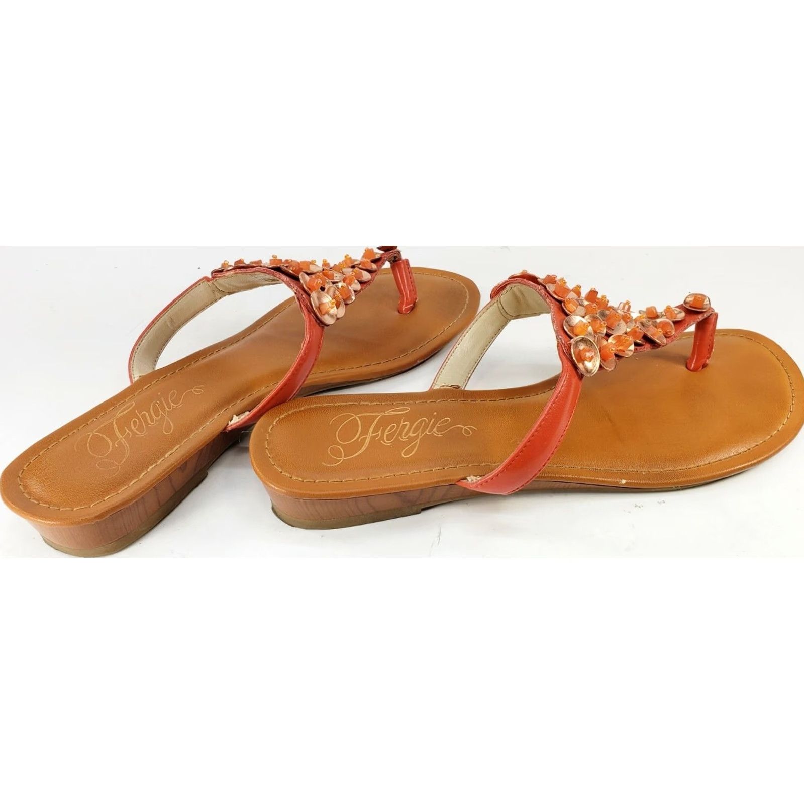 Vintage Fergie Tarca Women’s Thong Flat Sandals Size 7.5M Orange with Shell Bead Bling! Size US 6 / IT 36 - 4 Thumbnail